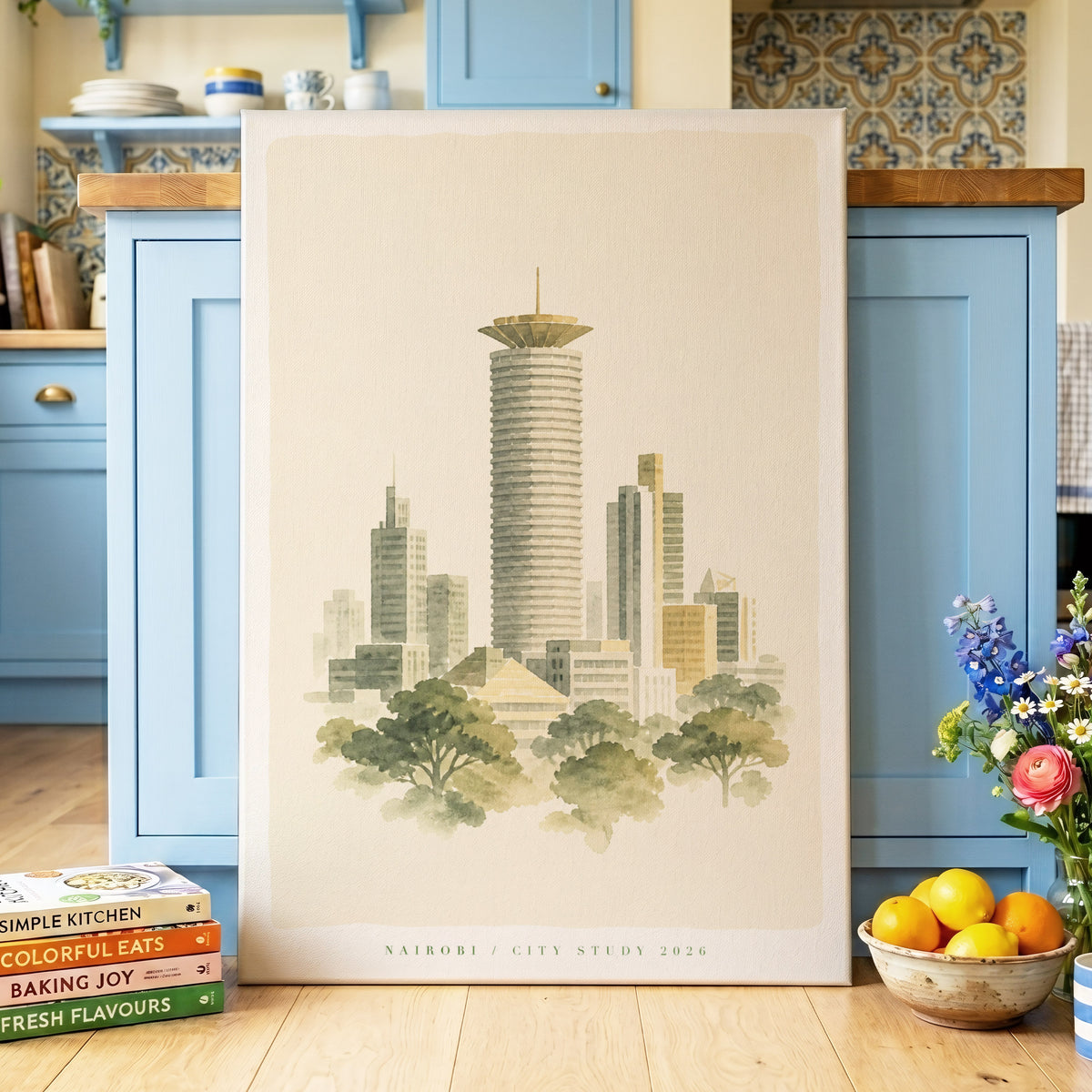 Nairobi in Quiet Light, green, beige, gray minimalist wall art on canvas displayed in a styled interior, gallery view 2