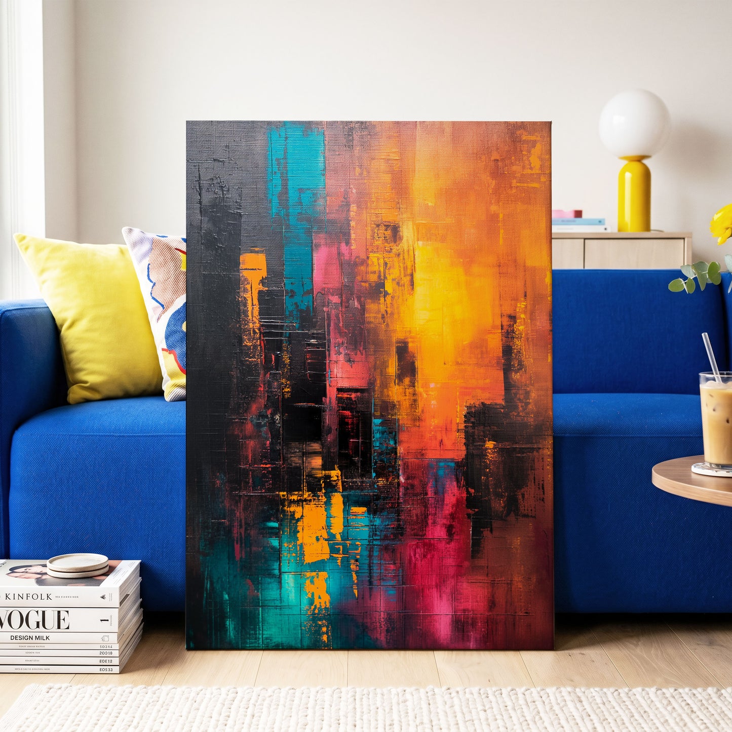 Neon Afterglow, orange, black, blue abstract wall art on canvas displayed in a styled interior, gallery view 2
