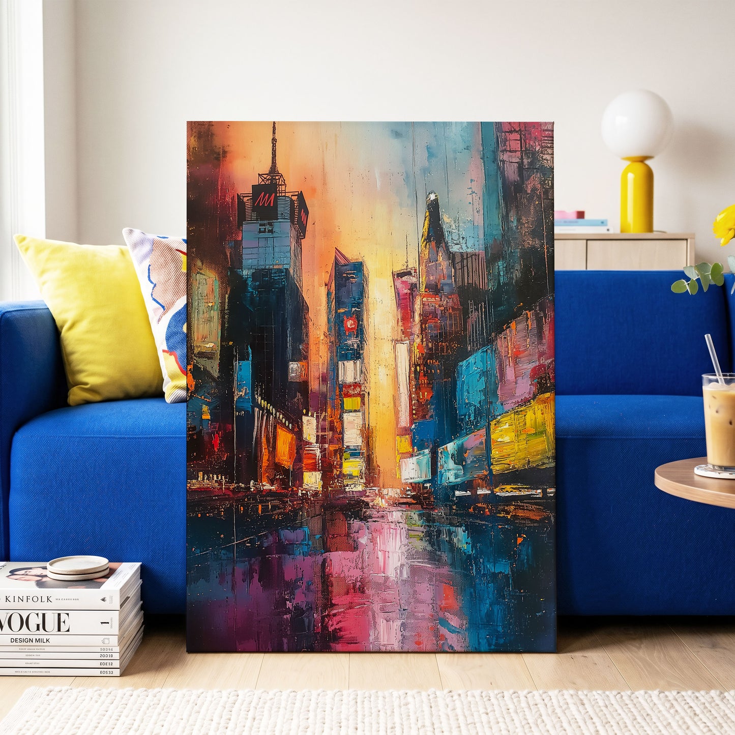 Neon City Afterglow, blue, orange, pink abstract wall art on canvas displayed in a styled interior, gallery view 2