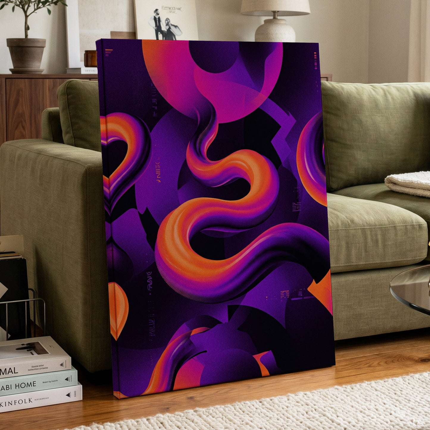 Neon Current, purple, orange, black abstract wall art on canvas displayed in a styled interior, gallery view 2