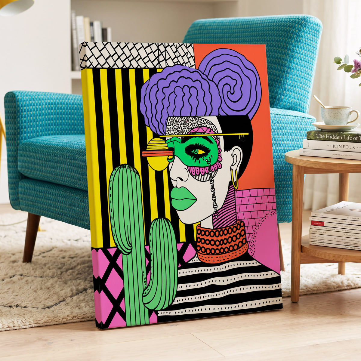 Neon Desert Muse, black, green, pink abstract wall art on canvas displayed in a styled interior, gallery view 2