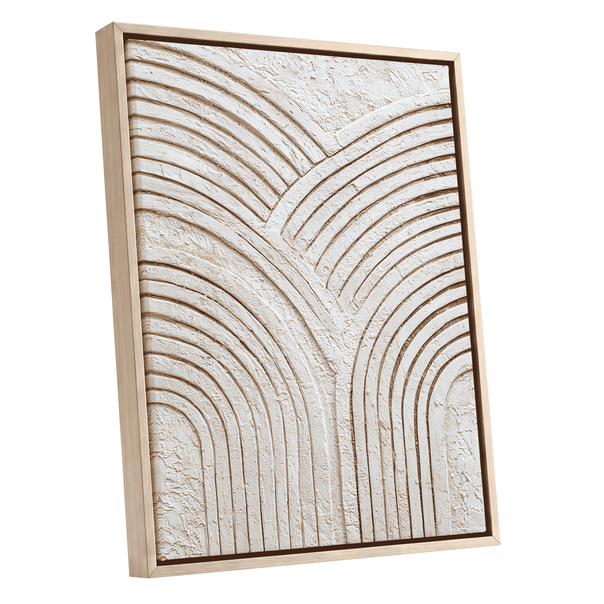 Neutral Rainbow Relief: a framed abstract wall art piece featuring textured, raised concentric arch patterns in warm off-white and cream tones, set in a light natural wood frame against a solid white background.