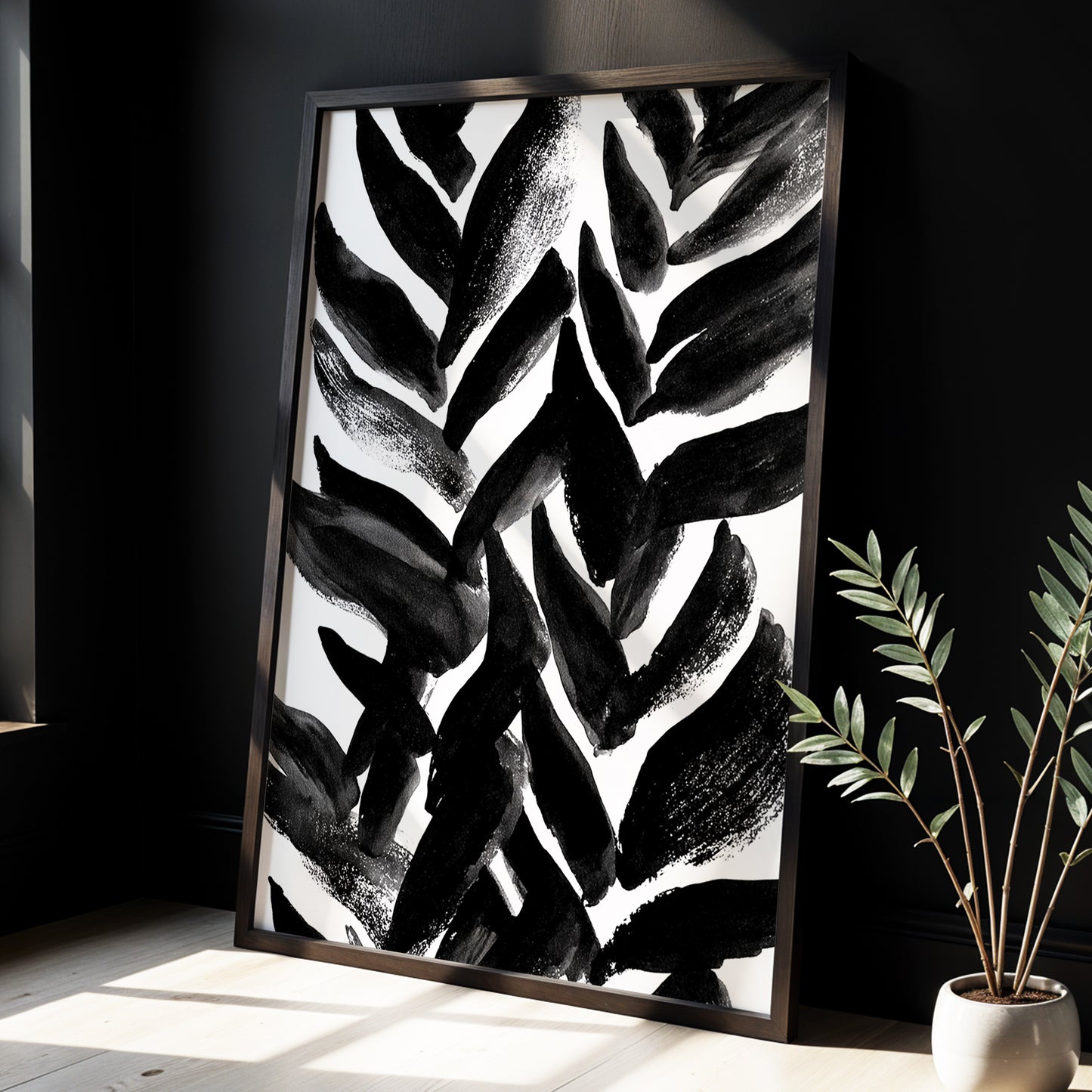 Nightfall Fronds, black, white, gray nature wall art displayed in a styled interior, gallery view 9