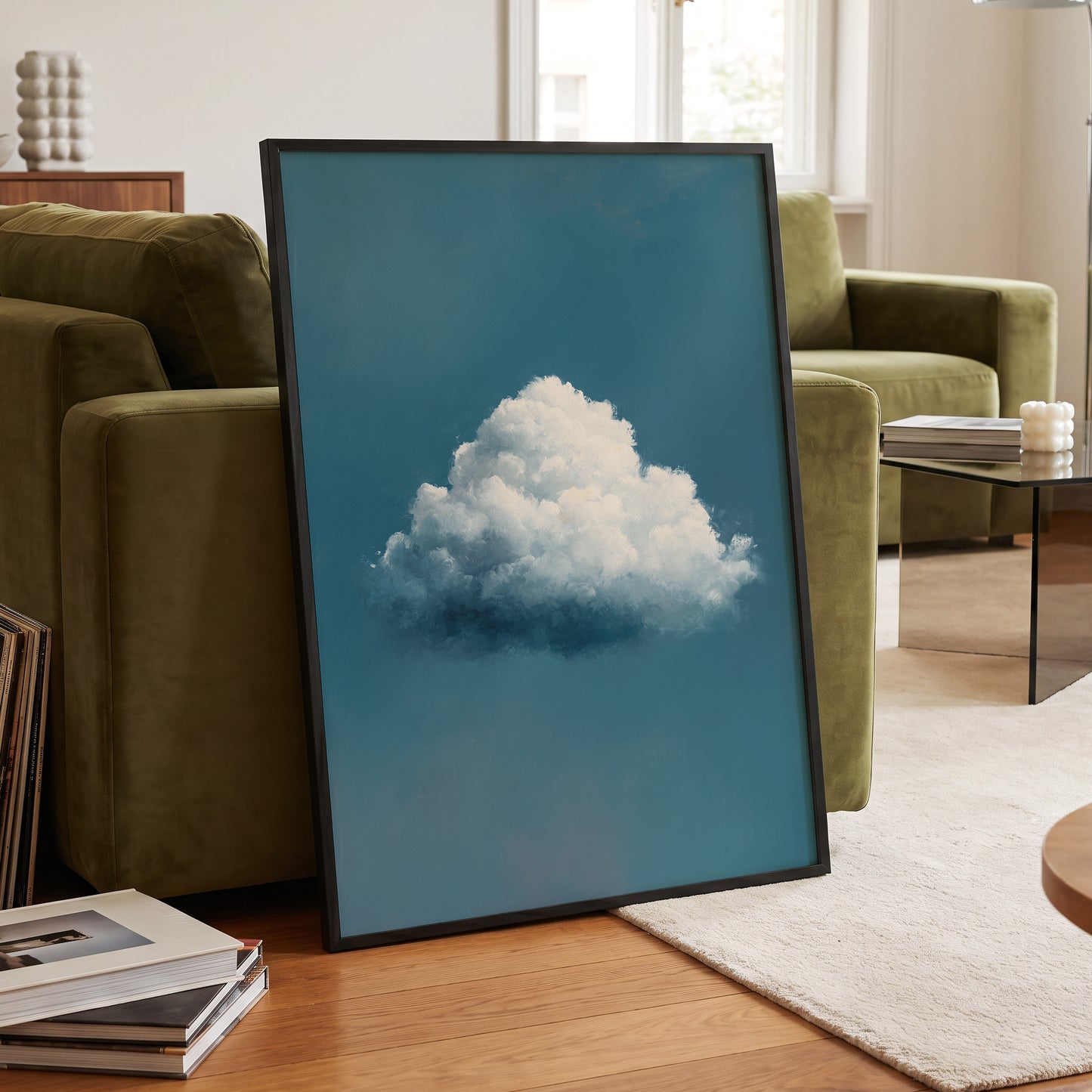 Nimbus in Blue Expanse, blue, white, gray nature wall art displayed in a styled interior, gallery view 9