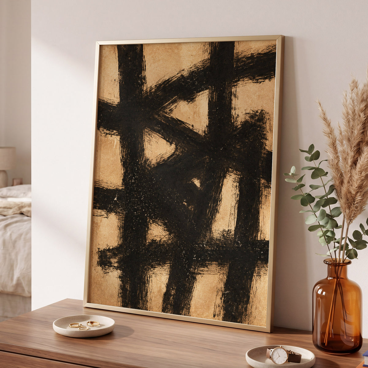 Ochre Crosscurrents, black, beige, brown abstract wall art displayed in a styled interior, gallery view 9