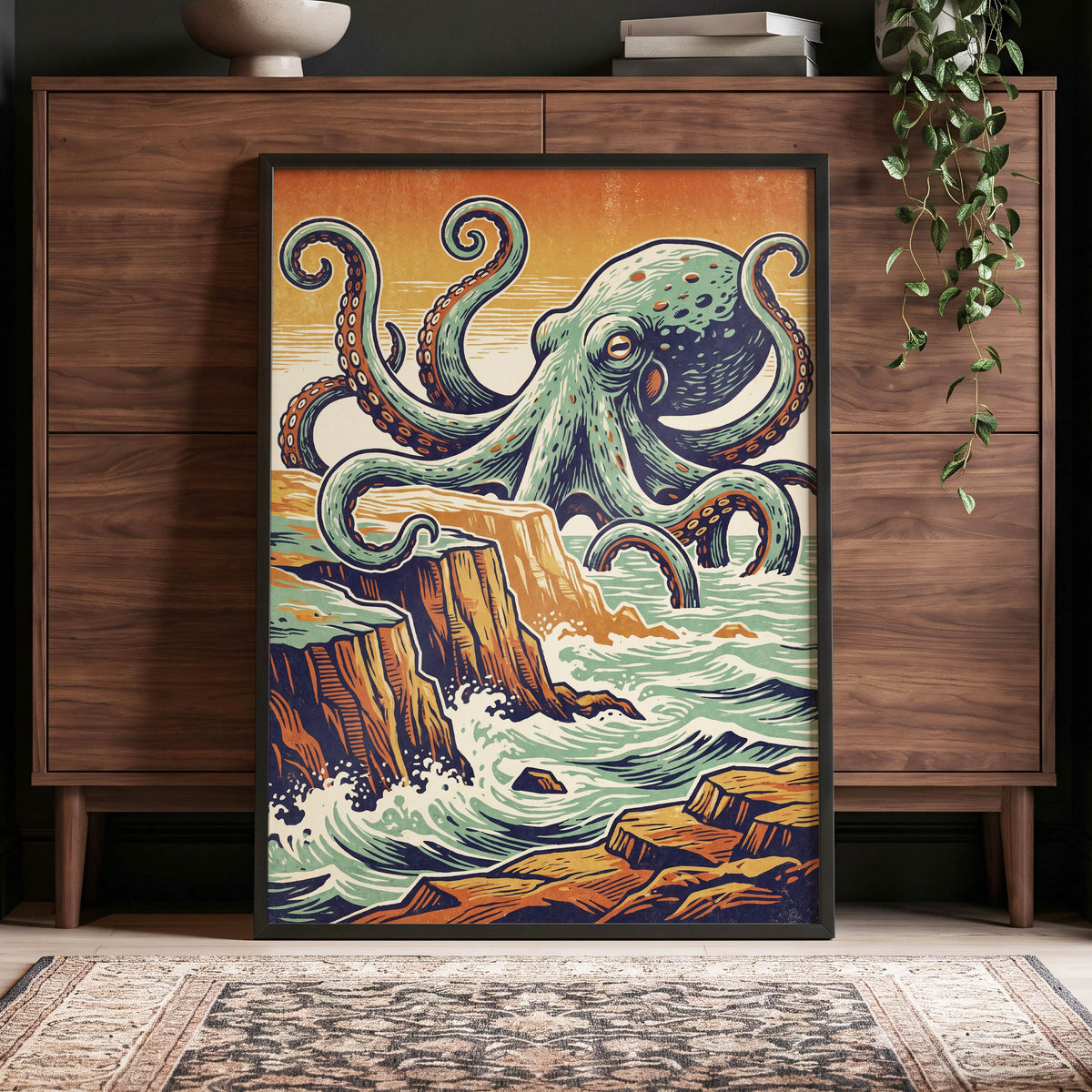 Octopus at the Edge, green, blue, orange nature wall art displayed in a styled interior, gallery view 9