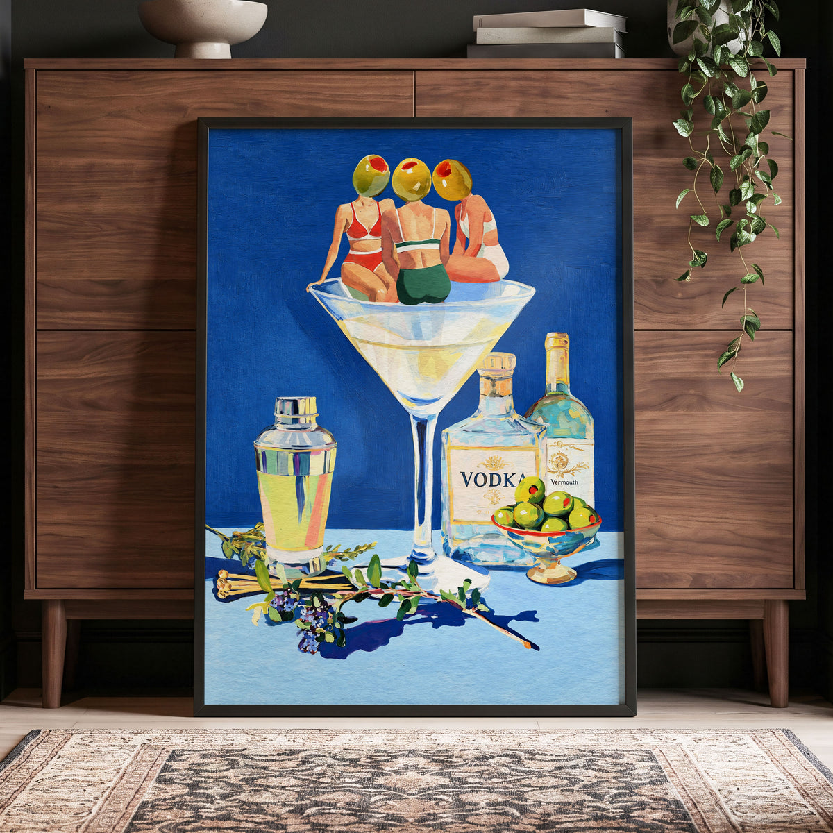 Olive Martini Club, blue, green, yellow abstract wall art displayed in a styled interior, gallery view 9