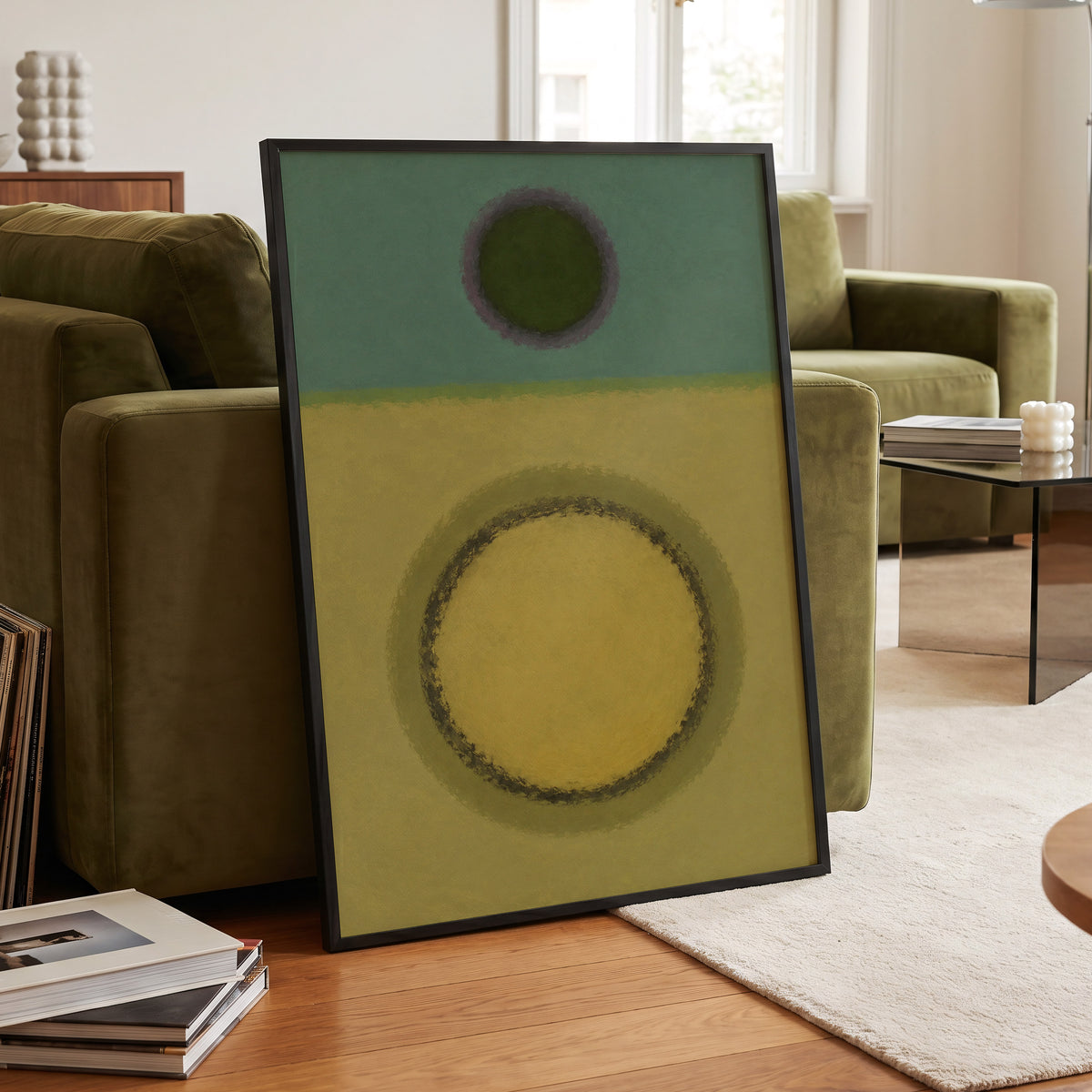 Olive Orbit, green, yellow, purple abstract wall art displayed in a styled interior, gallery view 9