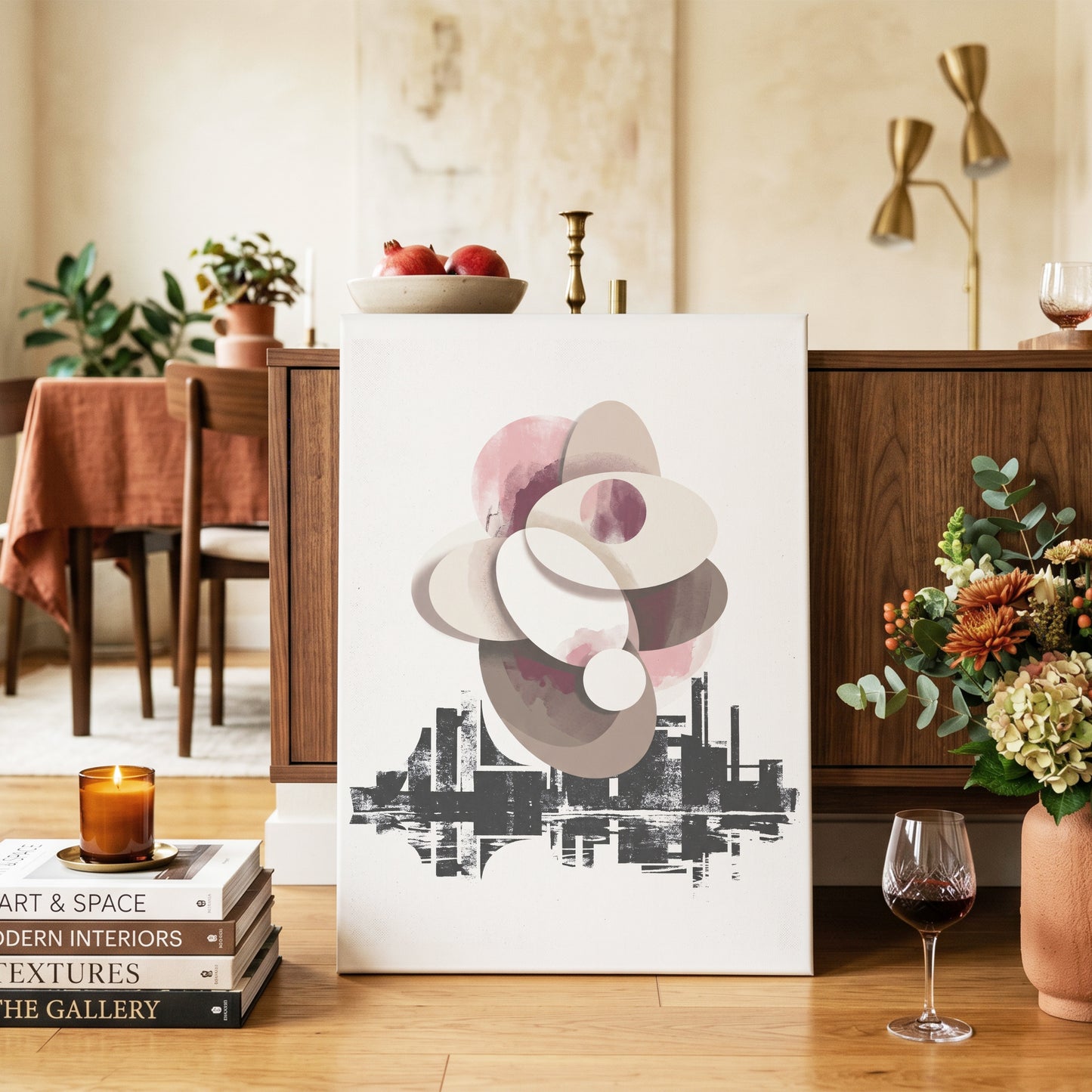 Orbit Above the Grid, white, black, beige abstract wall art on canvas displayed in a styled interior, gallery view 2