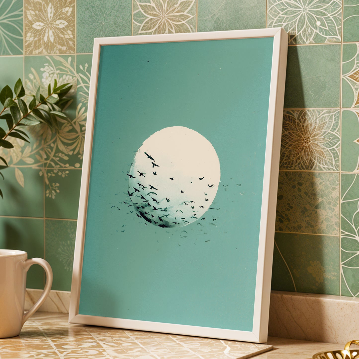 Orbit of Wings, green, beige, black nature wall art displayed in a styled interior, gallery view 9