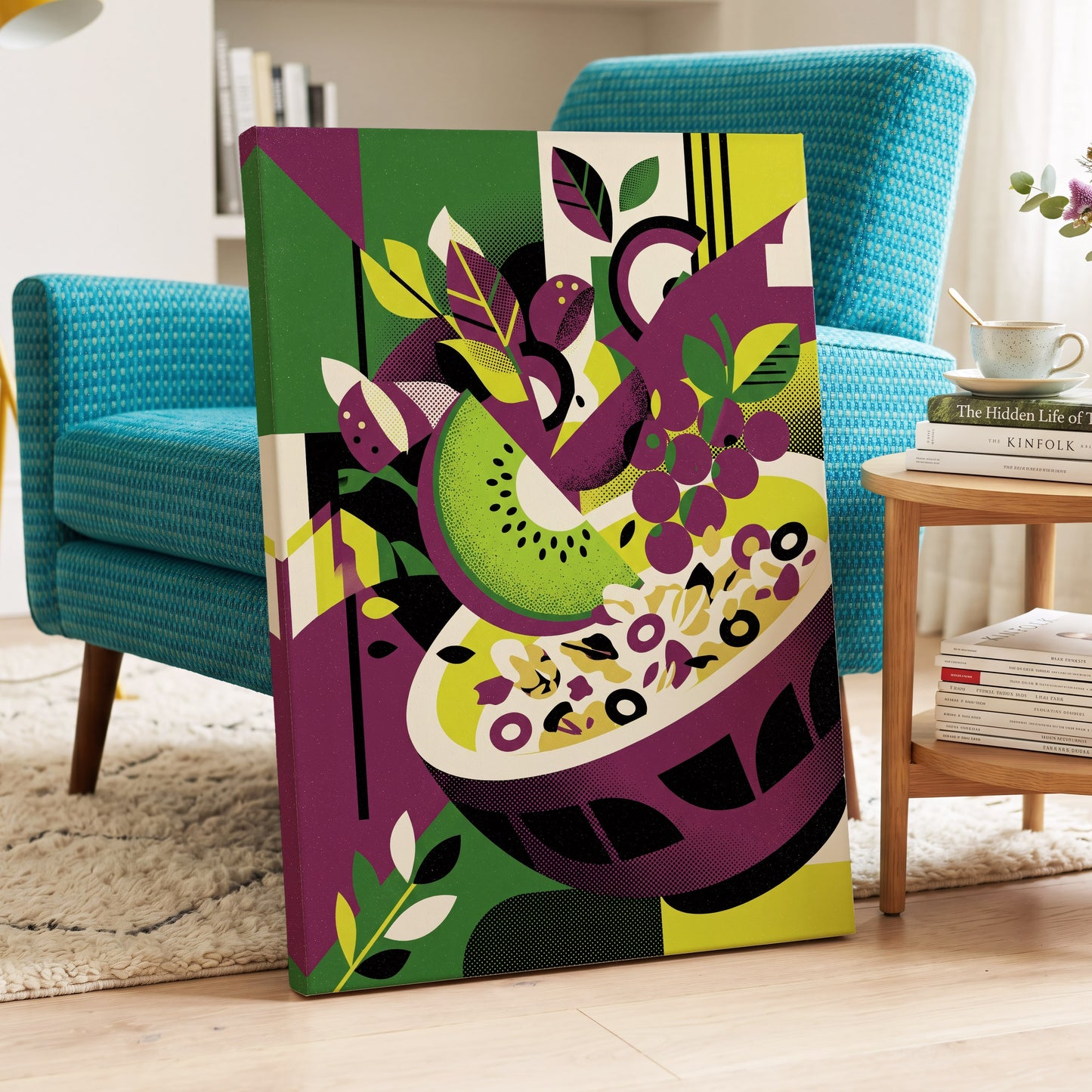 Orchard in Aubergine, purple, green, black nature wall art on canvas displayed in a styled interior, gallery view 2