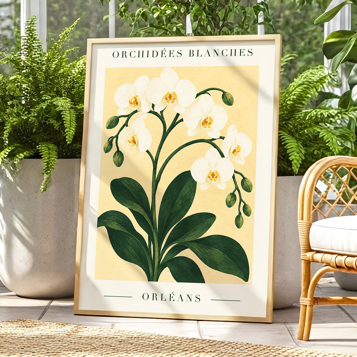 Orléans Orchid Bloom, white, green, beige floral wall art displayed in a styled interior, gallery view 9