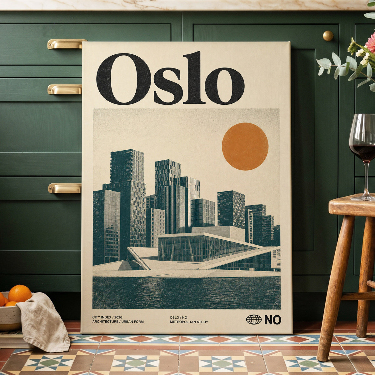 Oslo Modernist Horizon, beige, black, orange minimalist wall art on canvas displayed in a styled interior, gallery view 2
