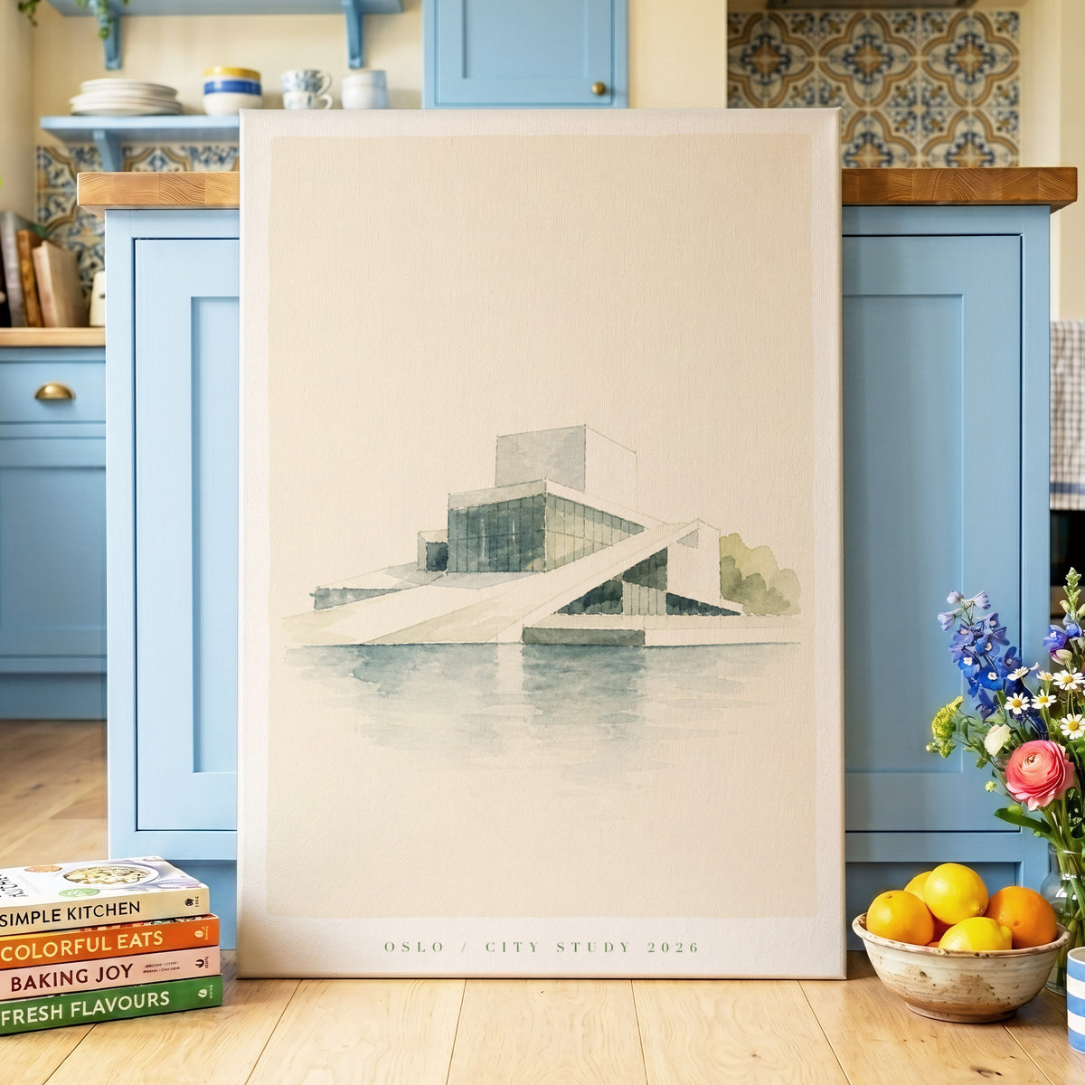 Oslo Waterfront Study, beige, blue, green minimalist wall art on canvas displayed in a styled interior, gallery view 2