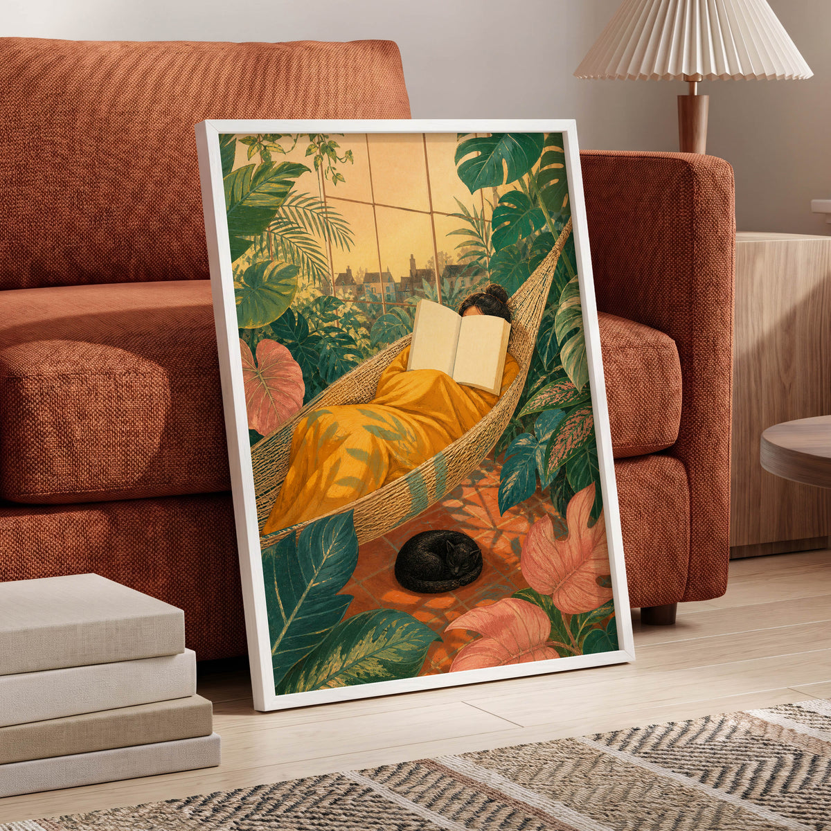 Pages Among the Palms, green, gold, orange nature wall art displayed in a styled interior, gallery view 9