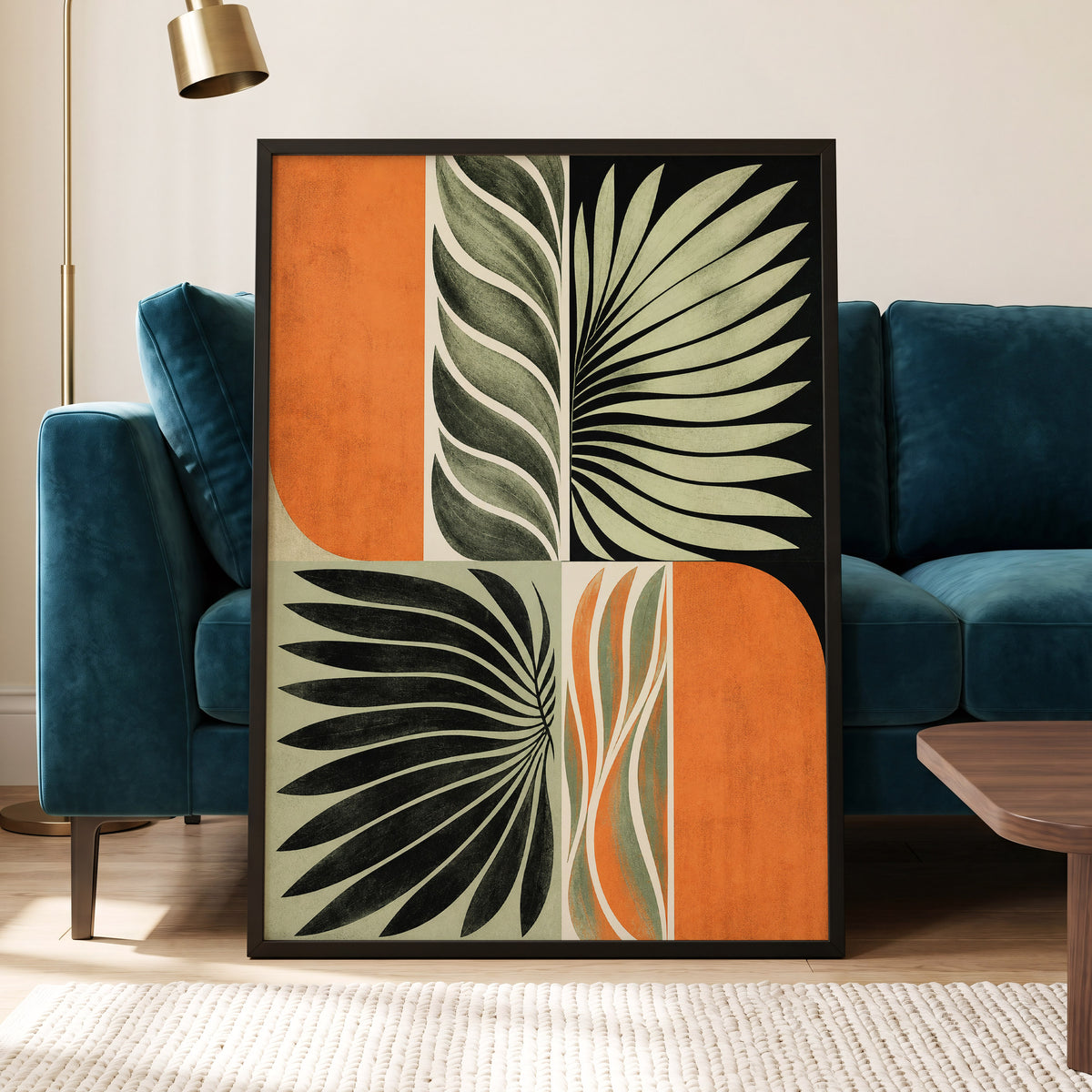 Palm Frond Rhythm, green, black, beige nature wall art displayed in a styled interior, gallery view 9
