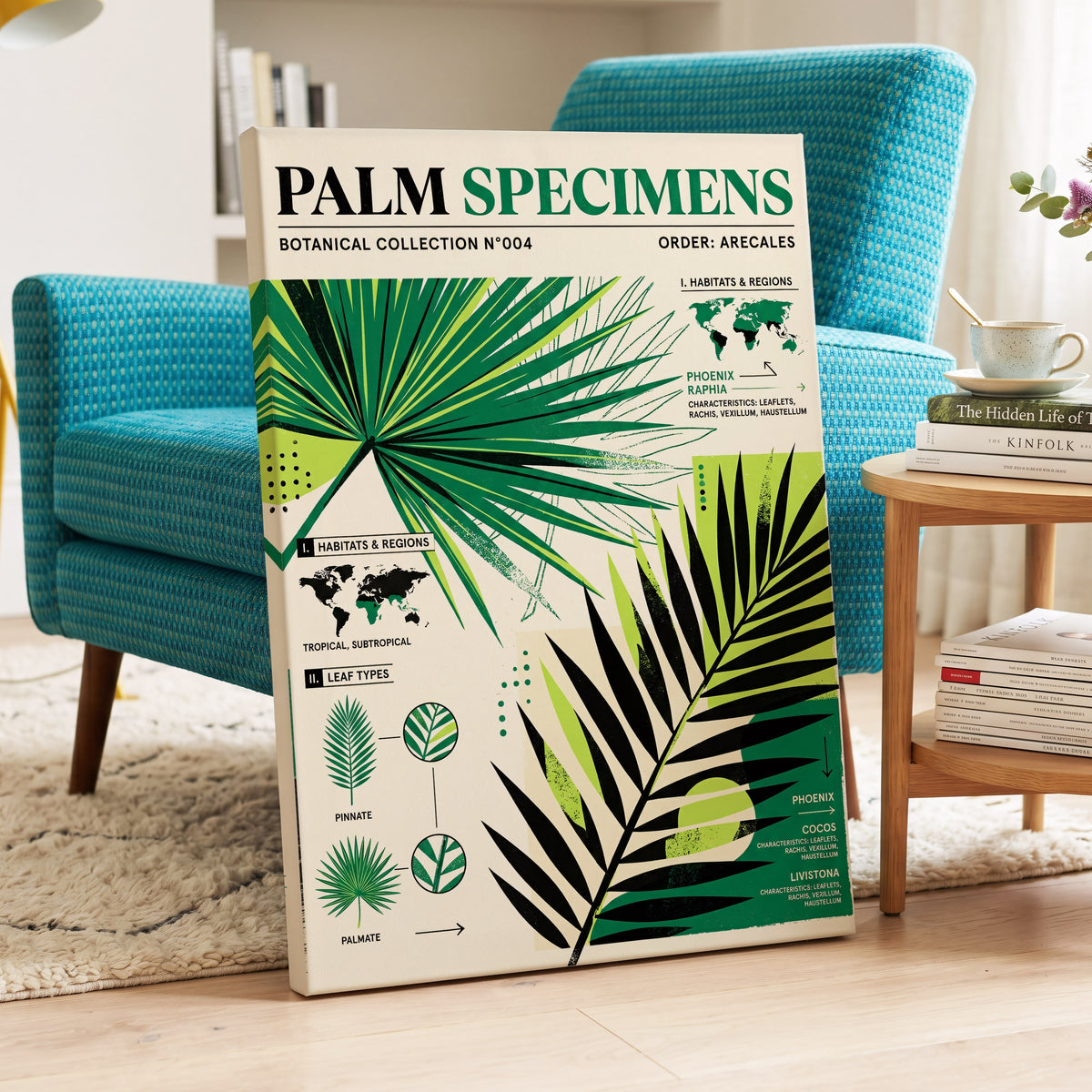 Palm Specimen Archive, green, black, beige nature wall art on canvas displayed in a styled interior, gallery view 2