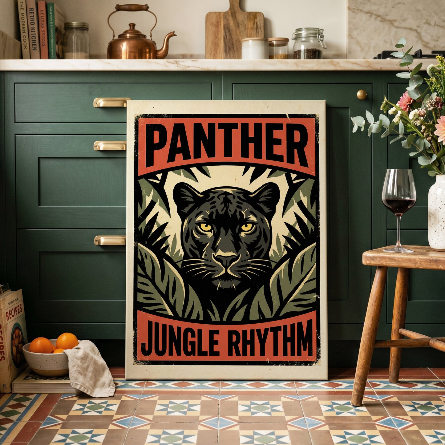 Panther Jungle Rhythm, black, green, beige nature wall art on canvas displayed in a styled interior, gallery view 2