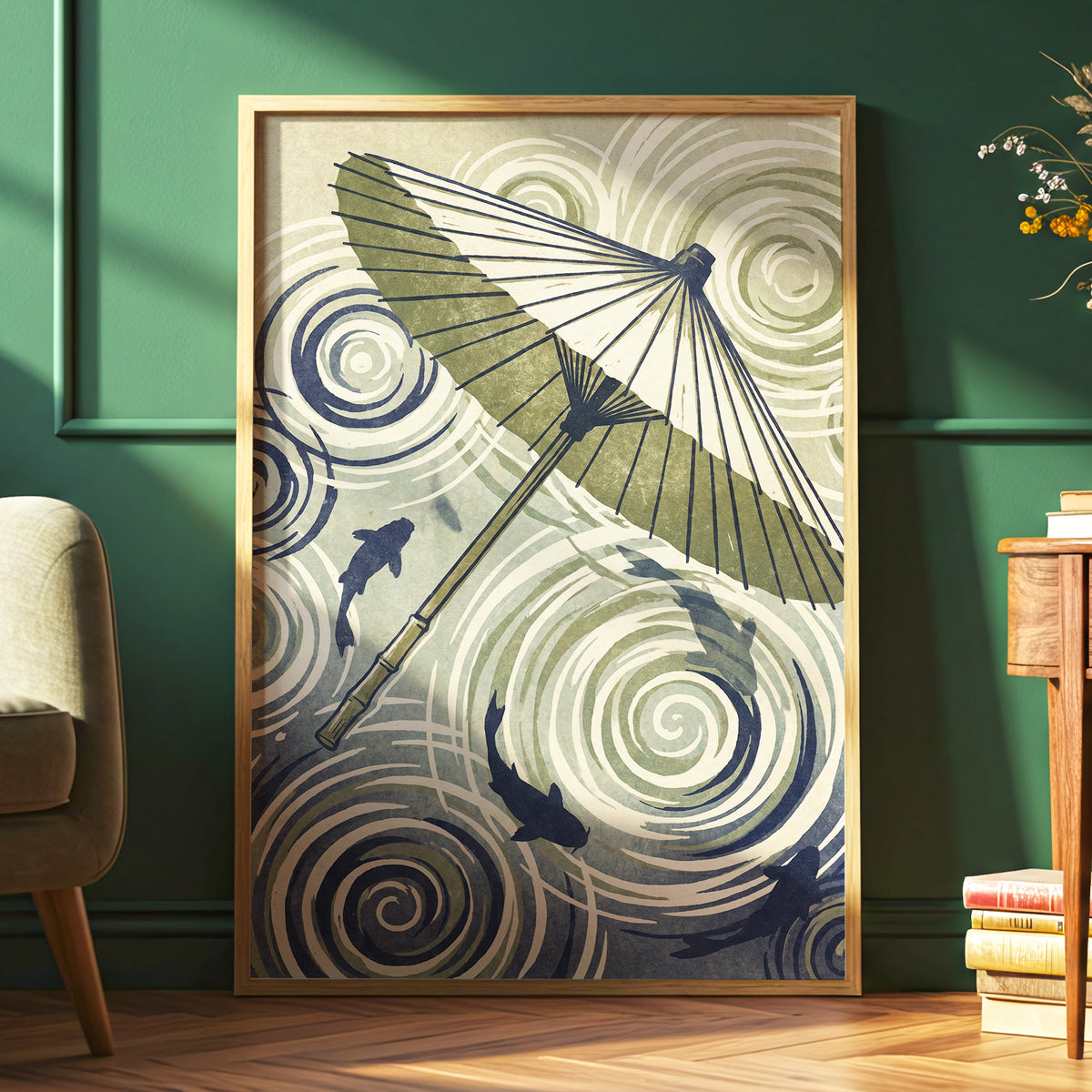 Parasol and Pond, green, beige, blue nature wall art displayed in a styled interior, gallery view 9