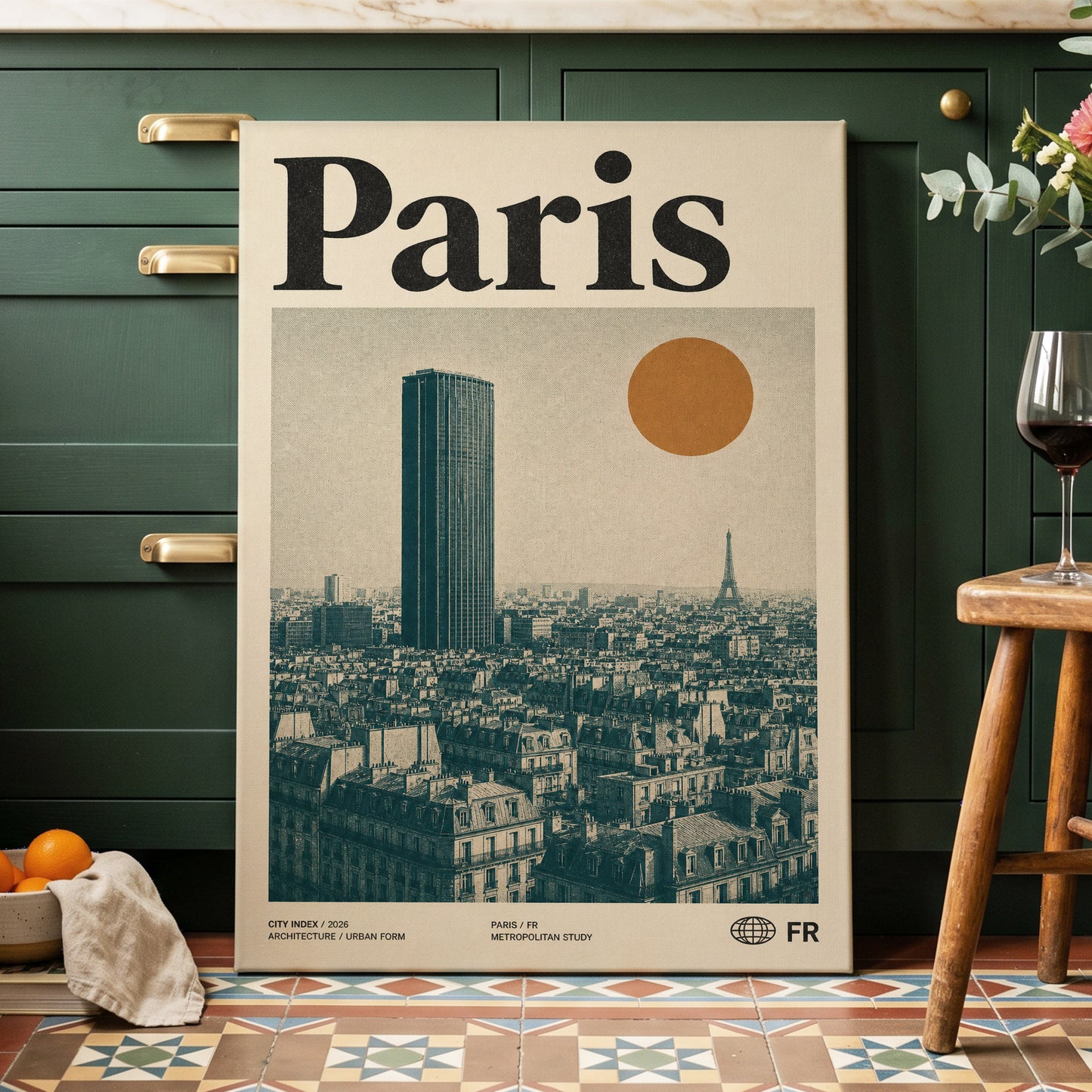 Paris Above the Rooftops, green, beige, orange minimalist wall art on canvas displayed in a styled interior, gallery view 2