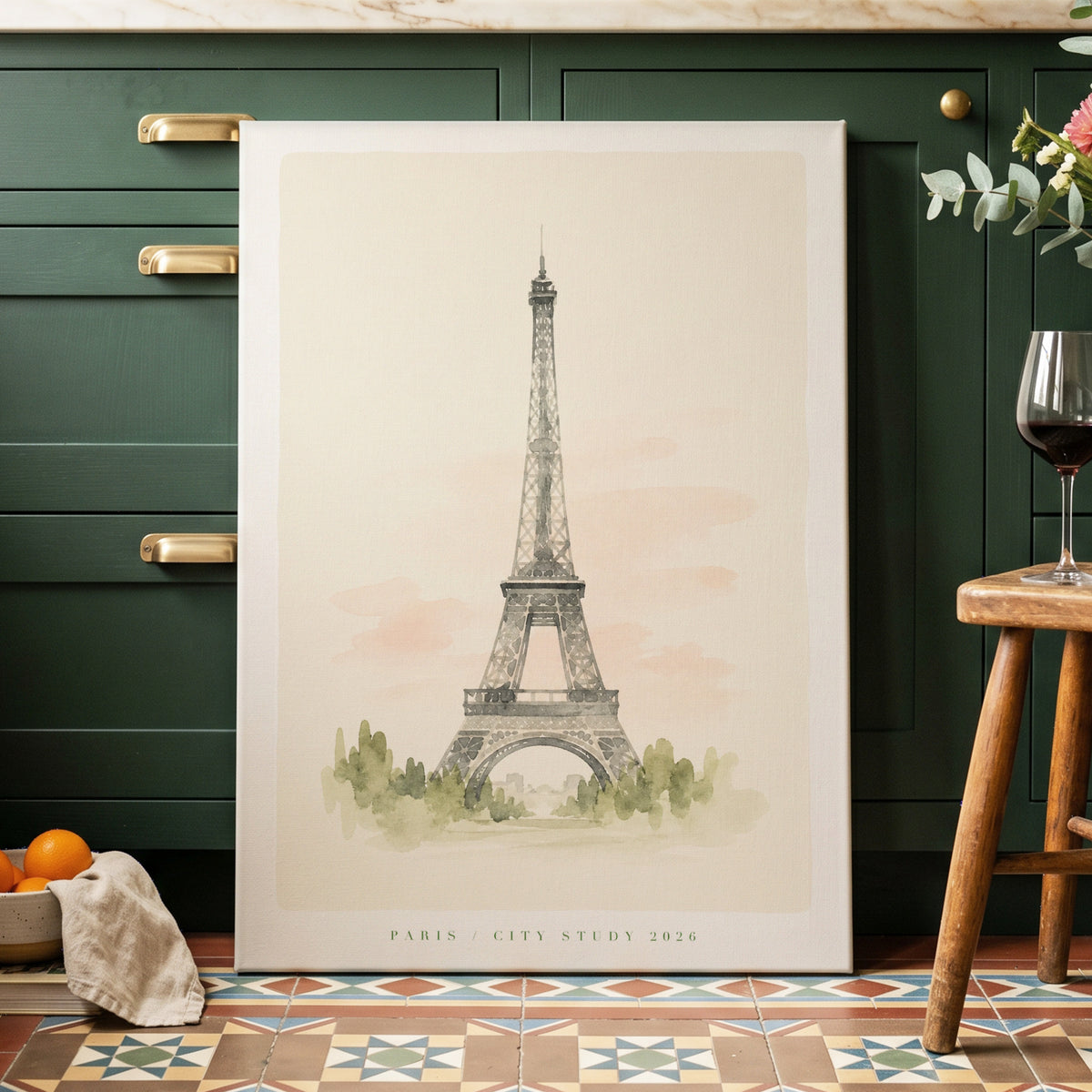 Paris in a Quiet Light, beige, gray, green minimalist wall art on canvas displayed in a styled interior, gallery view 2