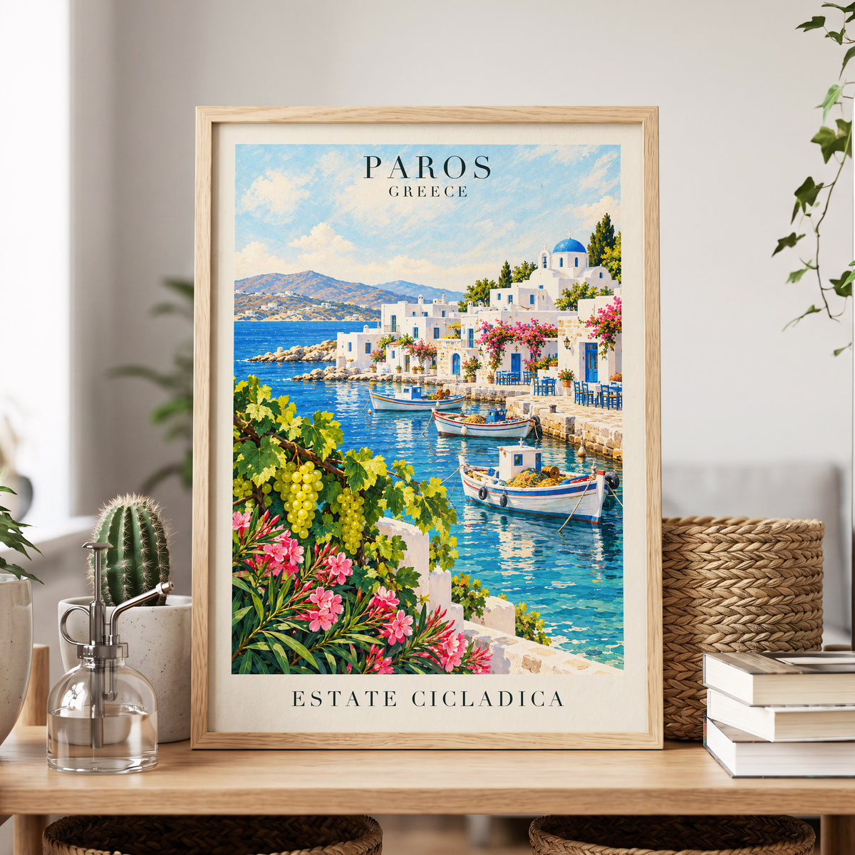 Paros in Bloom, blue, white, green nature wall art displayed in a styled interior, gallery view 9