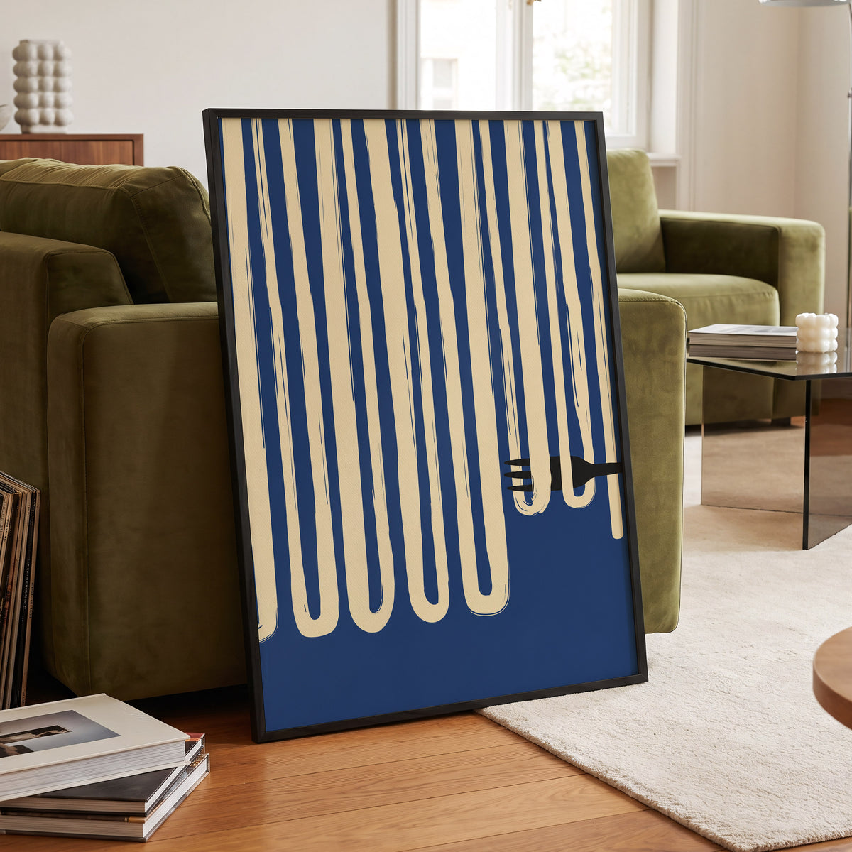 Pasta in Parallel, blue, beige, black minimalist wall art displayed in a styled interior, gallery view 9