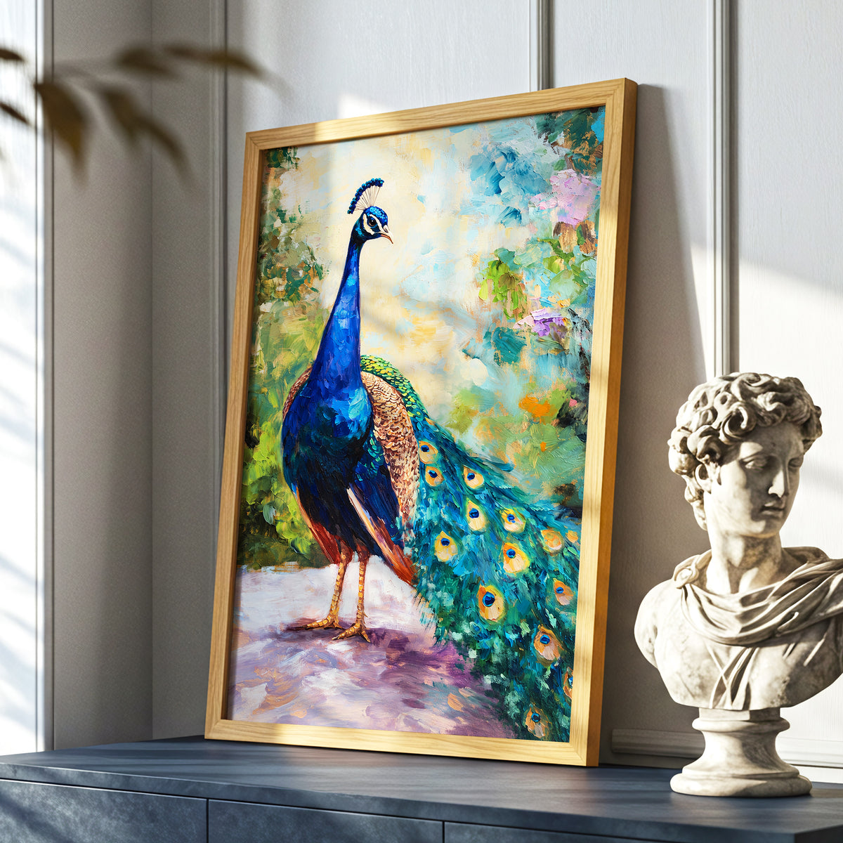 Peacock Garden Glow, blue, green, beige nature wall art displayed in a styled interior, gallery view 9