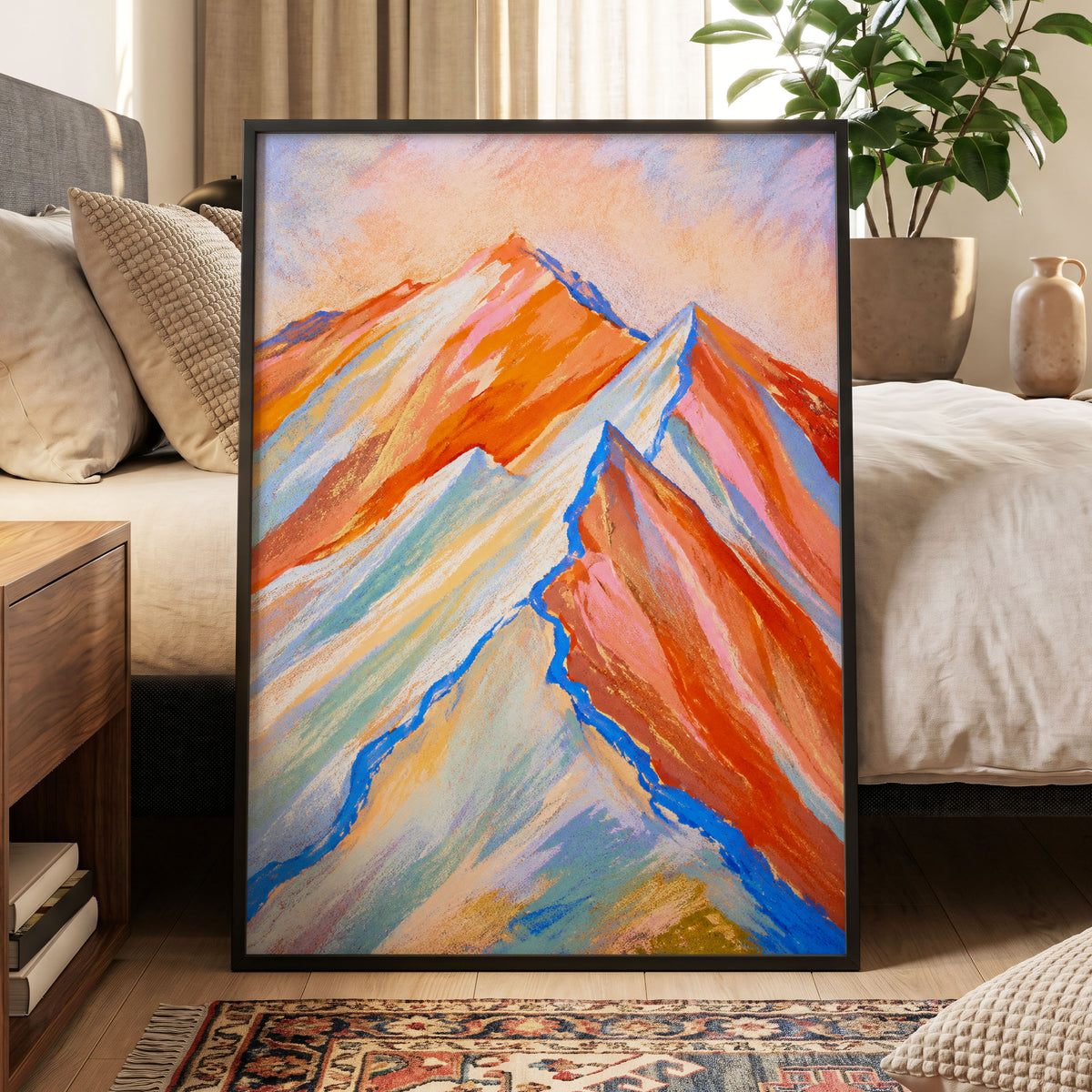 Peaks in Peach, orange, pink, blue nature wall art displayed in a styled interior, gallery view 9