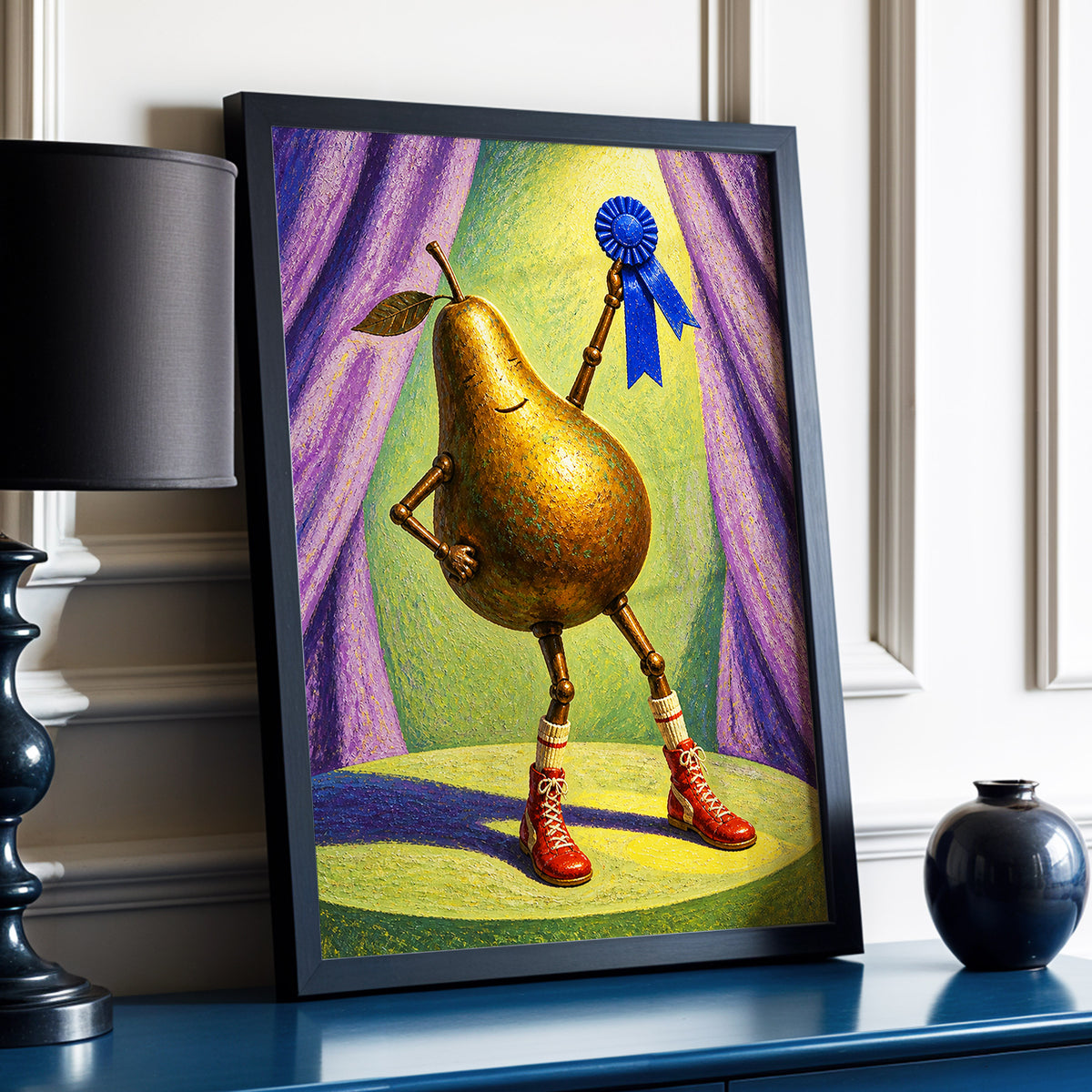 Pear of Honour, gold, purple, green abstract wall art displayed in a styled interior, gallery view 9