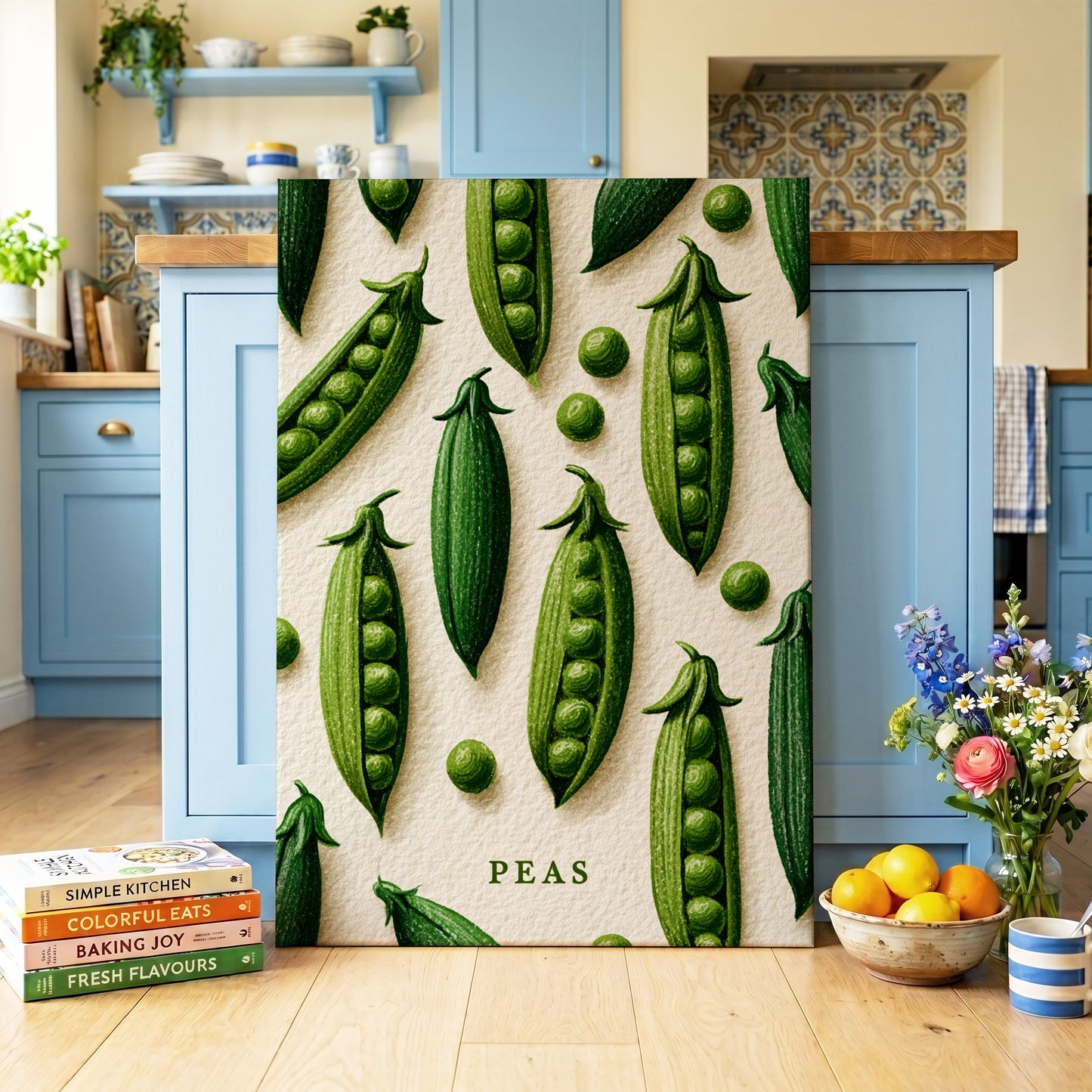 Peas in Pattern, green, beige, white nature wall art on canvas displayed in a styled interior, gallery view 2