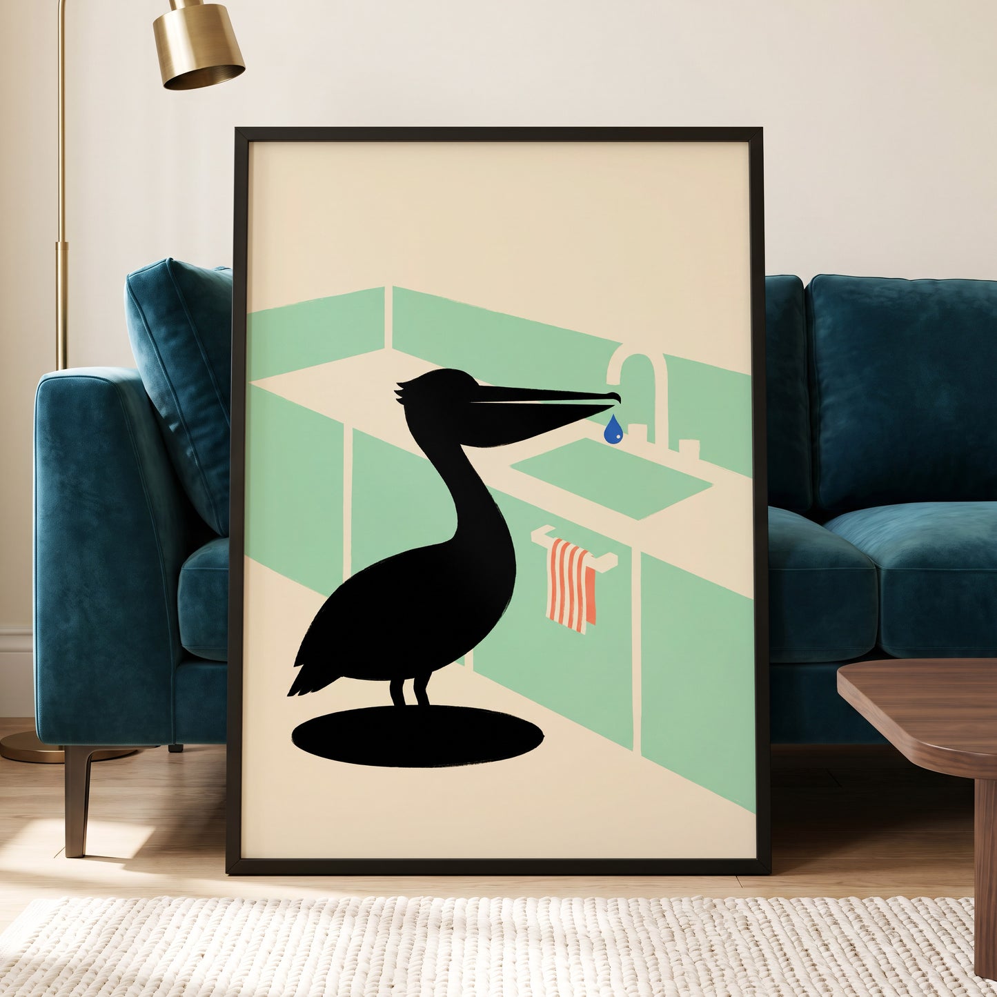 Pelican at the Basin, black, green, beige nature wall art displayed in a styled interior, gallery view 9