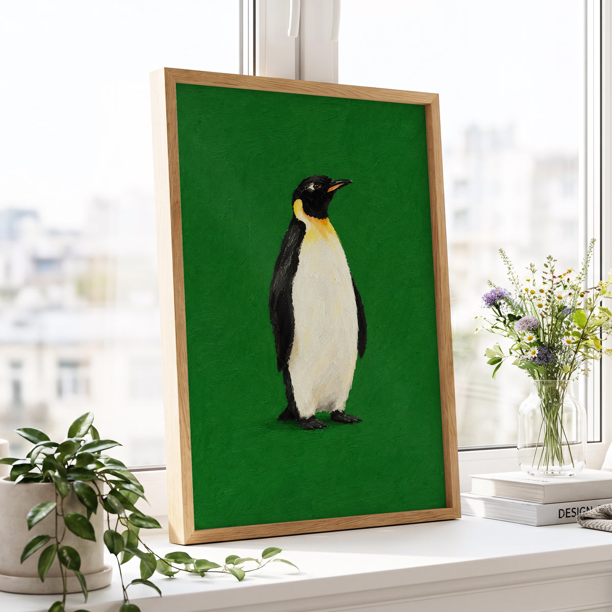 Penguin in Emerald, green, black, white nature wall art displayed in a styled interior, gallery view 9