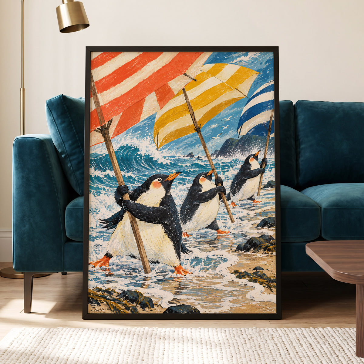 Penguin Parasol Parade, blue, black, white nature wall art displayed in a styled interior, gallery view 9