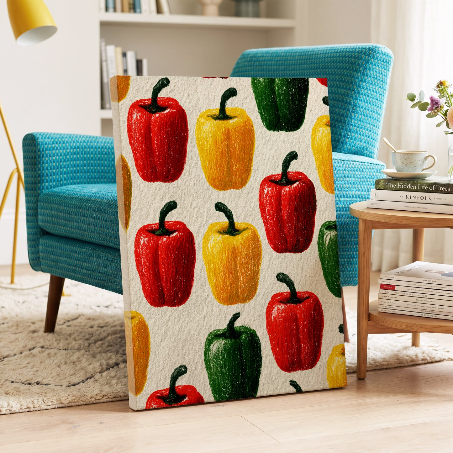 Pepper Parade, red, yellow, green nature wall art on canvas displayed in a styled interior, gallery view 2