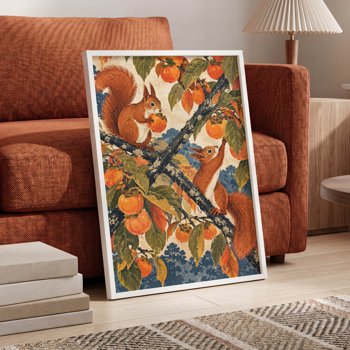 Persimmon Foragers, orange, brown, green nature wall art displayed in a styled interior, gallery view 9