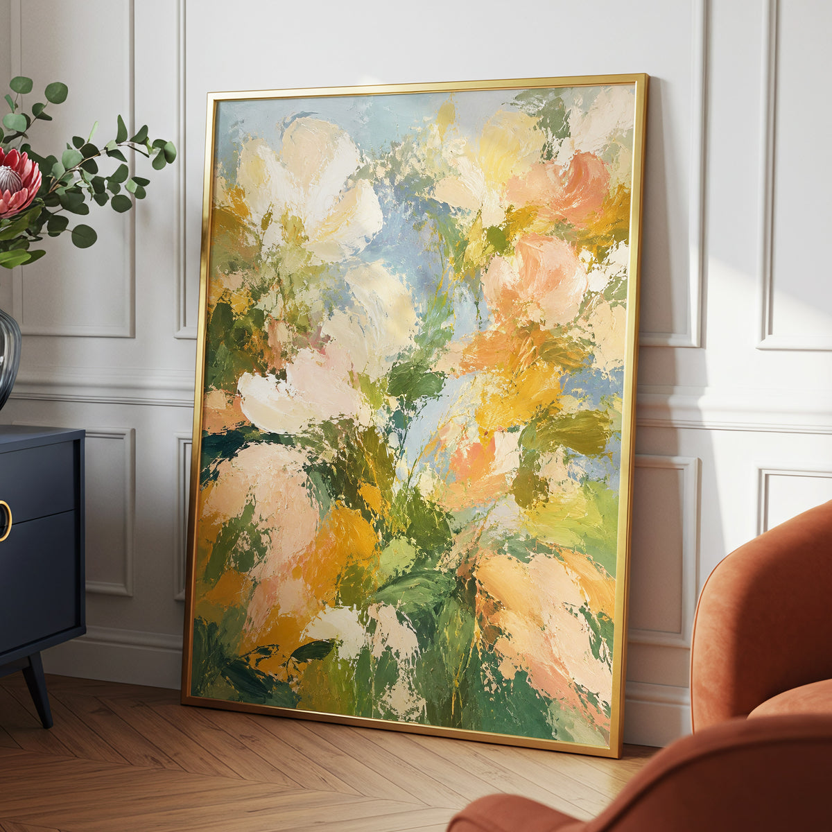 Petal Tapestry, green, pink, beige floral wall art displayed in a styled interior, gallery view 9