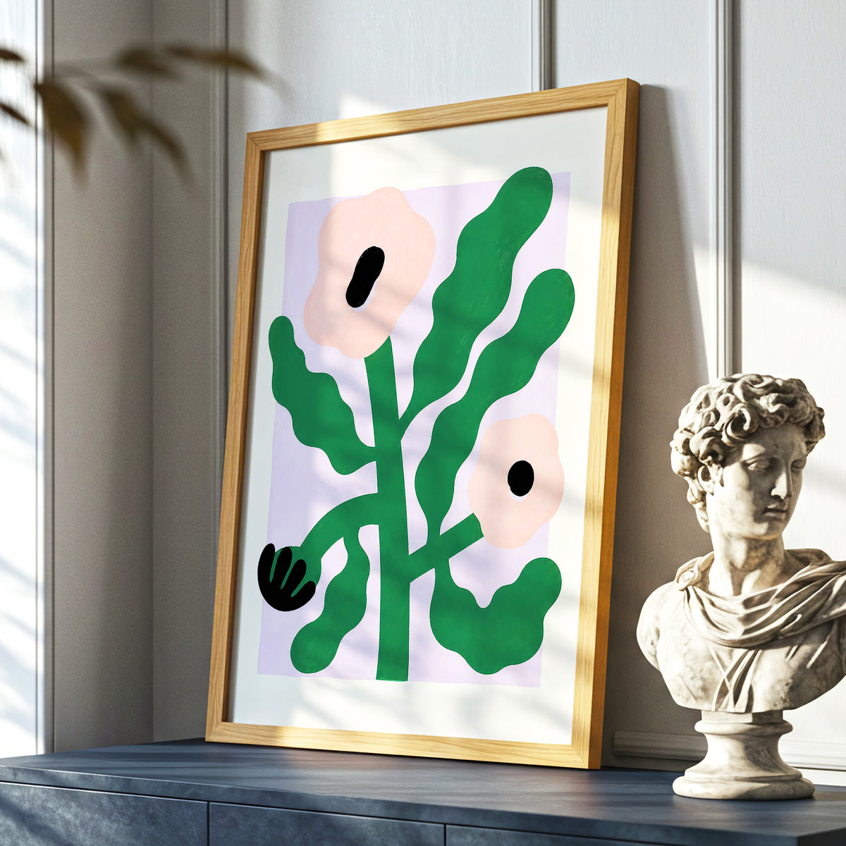 Petals in Lilac, green, pink, purple floral wall art displayed in a styled interior, gallery view 9
