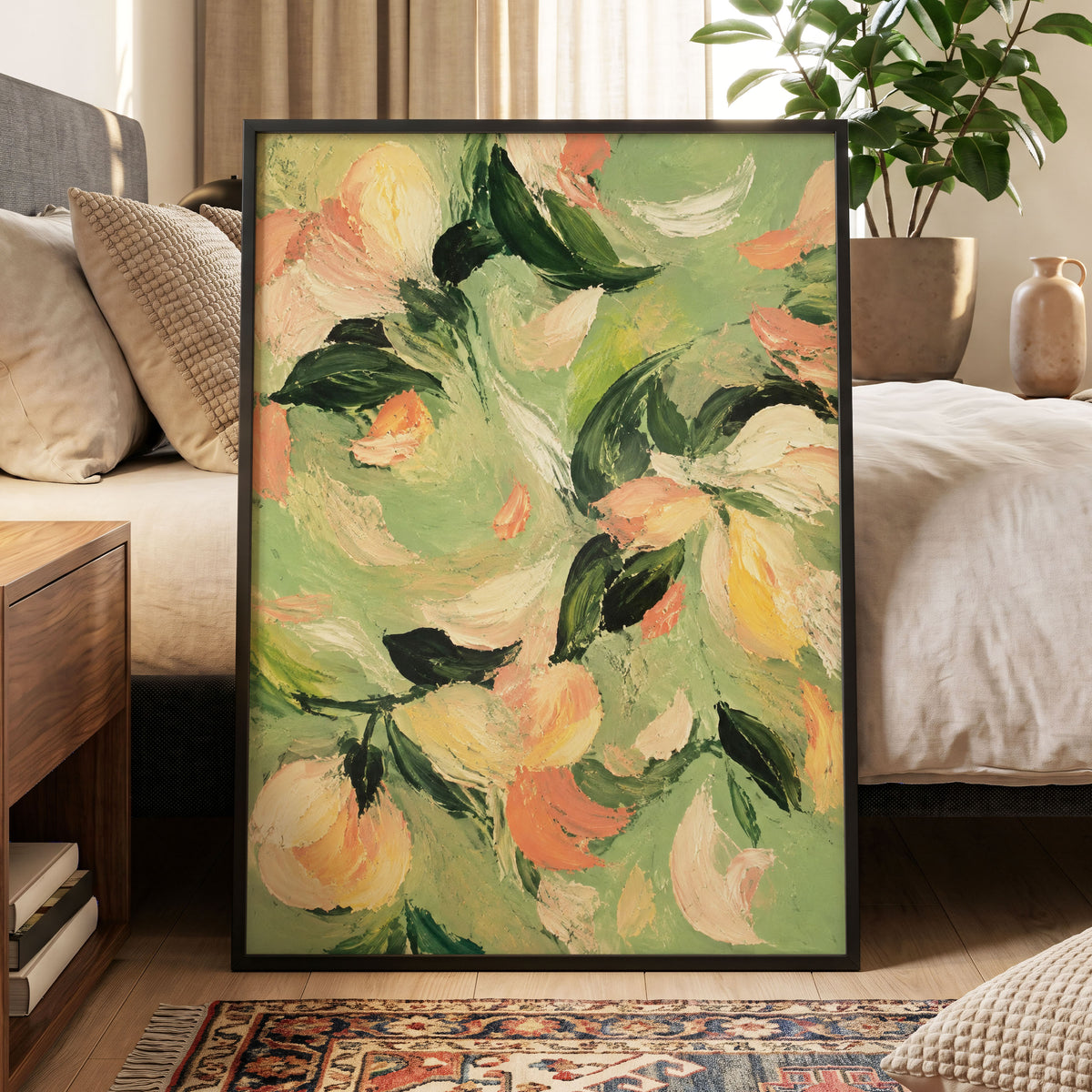 Petals in Sage, green, orange, pink floral wall art displayed in a styled interior, gallery view 9
