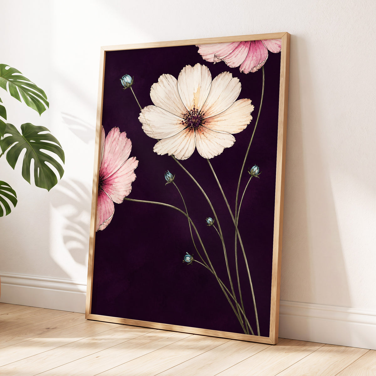 Petals on Plum, purple, pink, beige floral wall art displayed in a styled interior, gallery view 9