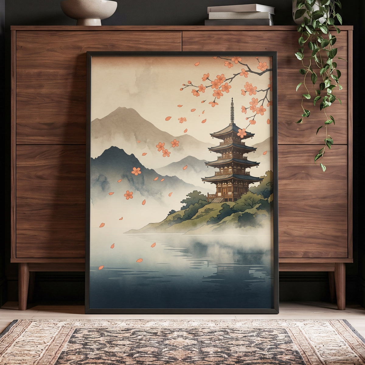 Petals Over Still Water, beige, blue, green nature wall art displayed in a styled interior, gallery view 9