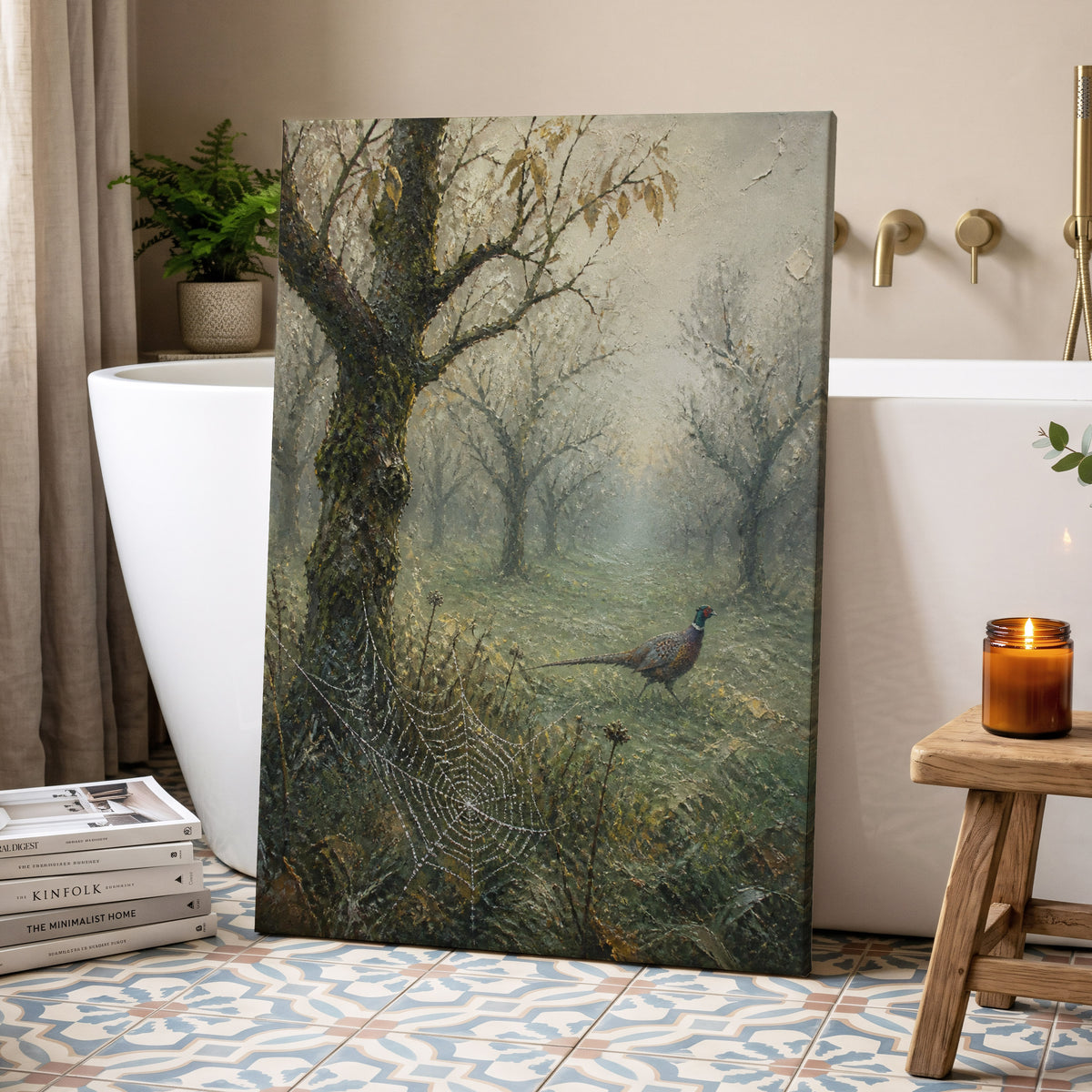 Pheasant in the Morning Mist, green, gray, brown nature wall art on canvas displayed in a styled interior, gallery view 2