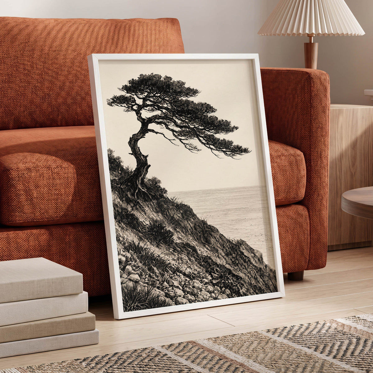 Pine Above the Tide, black, beige, gray nature wall art displayed in a styled interior, gallery view 9