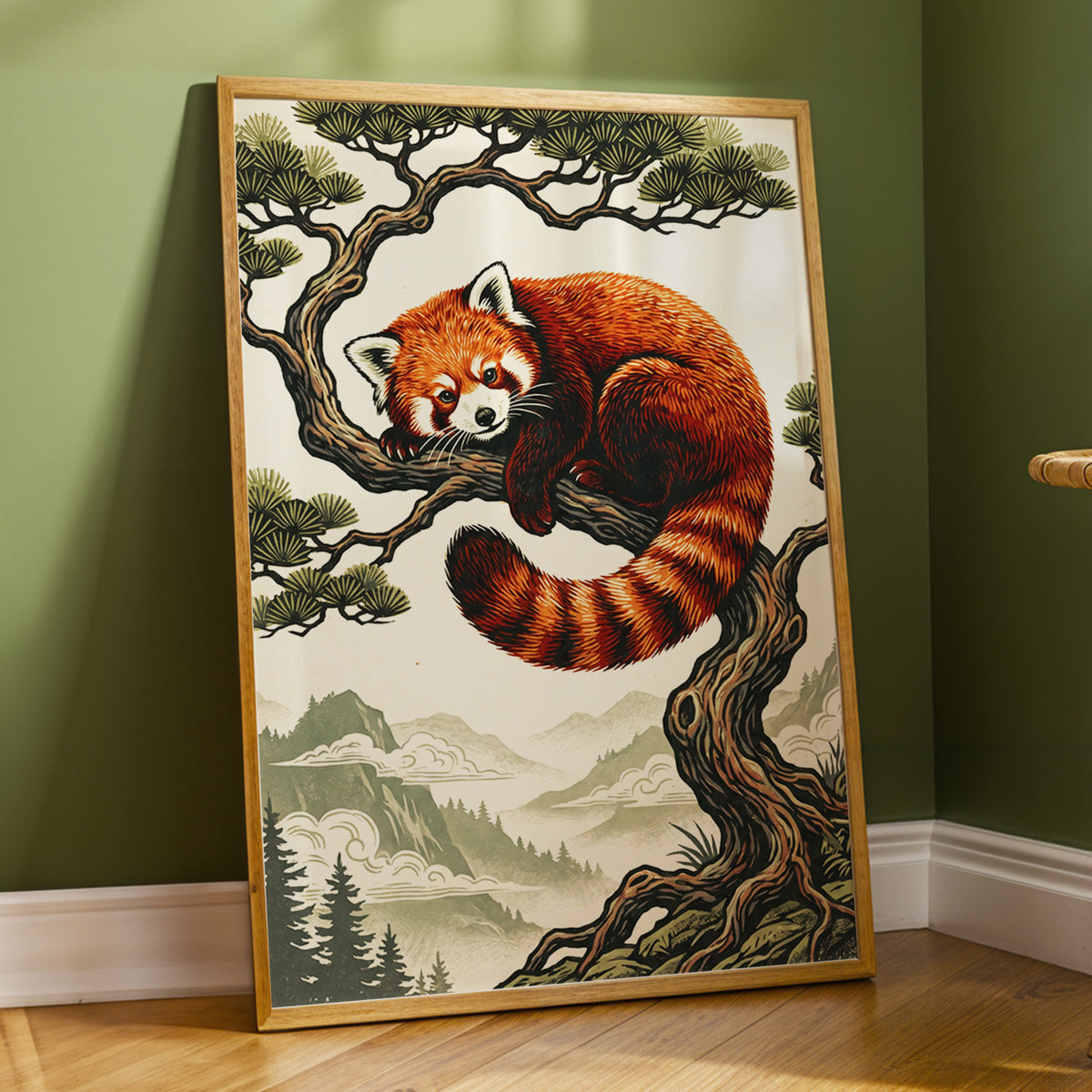 Pine Perch Panda, orange, black, beige nature wall art displayed in a styled interior, gallery view 9