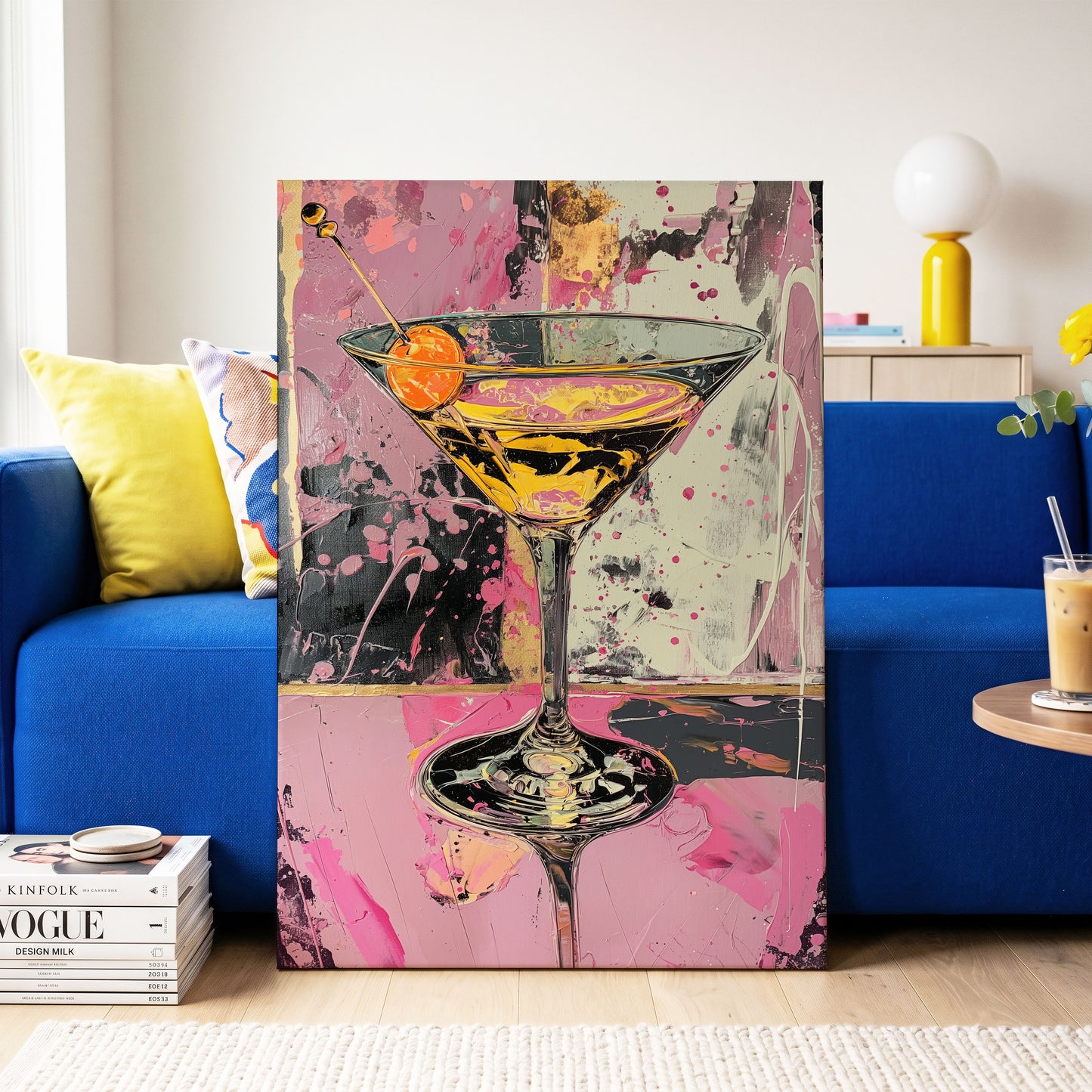 Pink Hour Martini, pink, black, gold abstract wall art on canvas displayed in a styled interior, gallery view 2