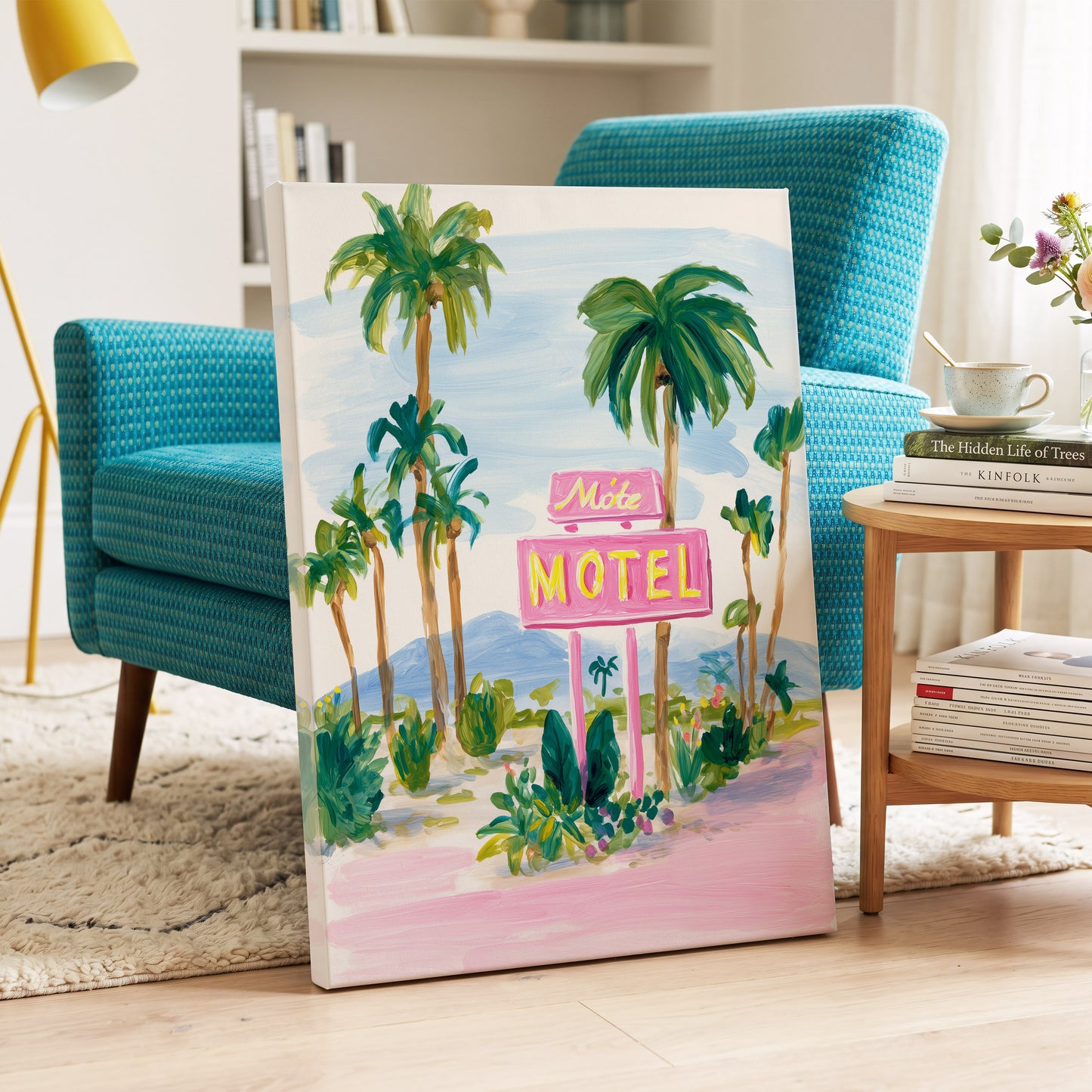 Pink Motel Palms, pink, green, blue nature wall art on canvas displayed in a styled interior, gallery view 2