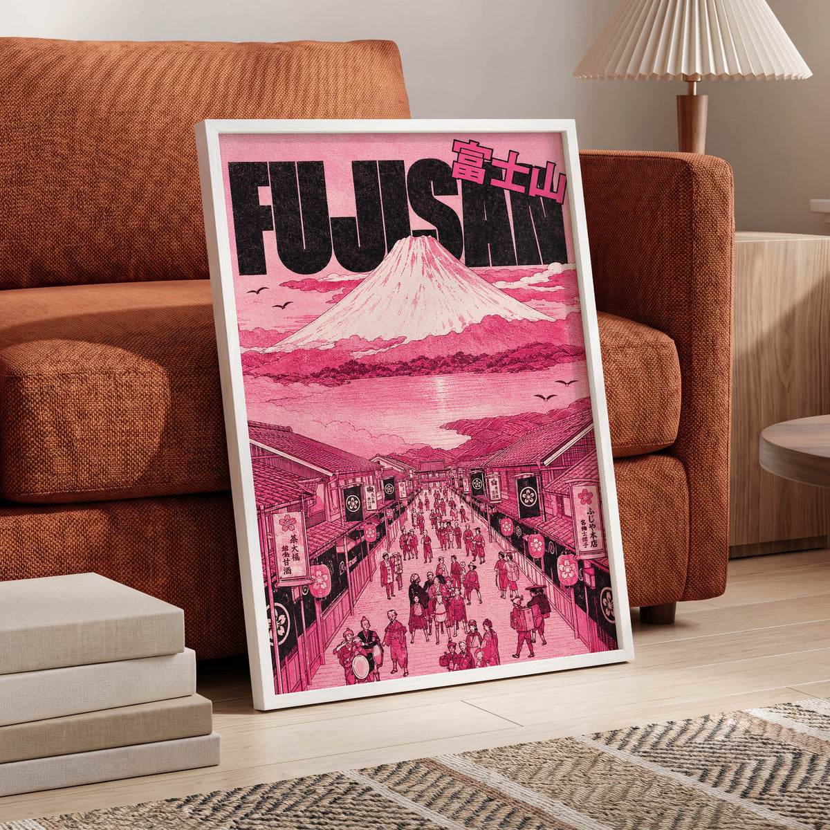 Pink Skies over Fuji, pink, black, white abstract wall art displayed in a styled interior, gallery view 9