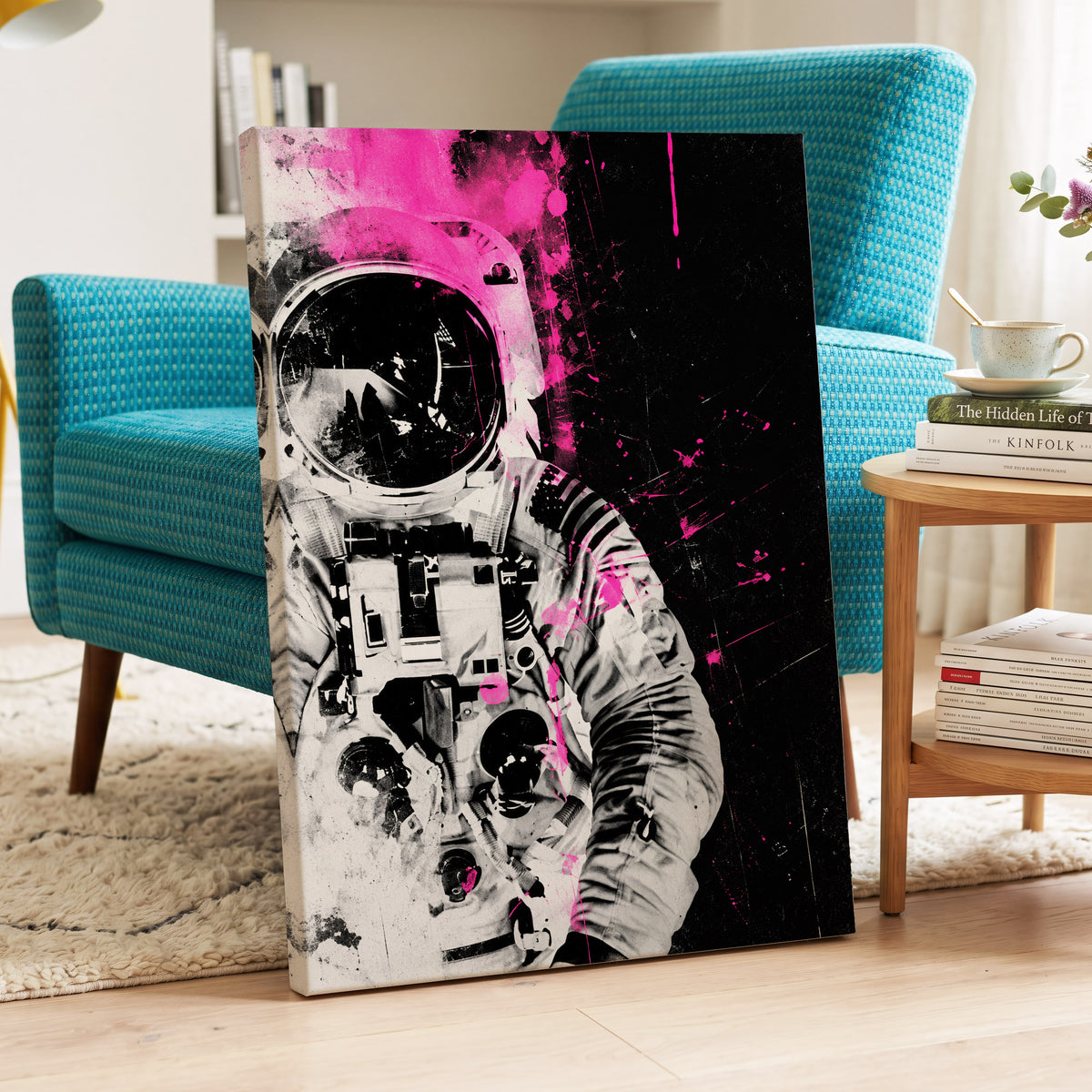 Pink Spacewalker, black, pink, white abstract wall art on canvas displayed in a styled interior, gallery view 2