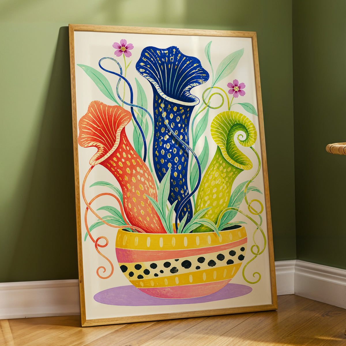 Pitcher Plant Parade, blue, green, orange nature wall art displayed in a styled interior, gallery view 9