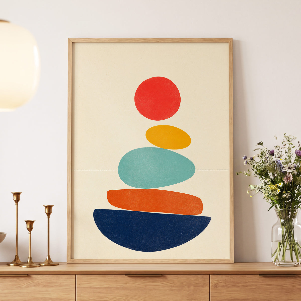 Poised in Colour, beige, red, yellow abstract wall art displayed in a styled interior, gallery view 9